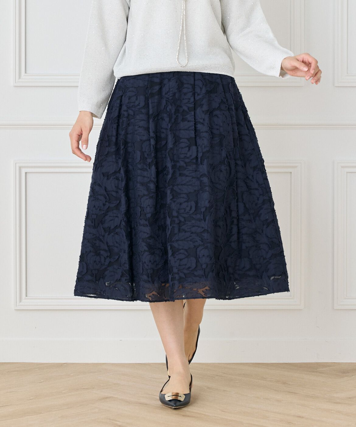 7-IDconcept.「カットジャカードスカート」|フレア|ネイビー