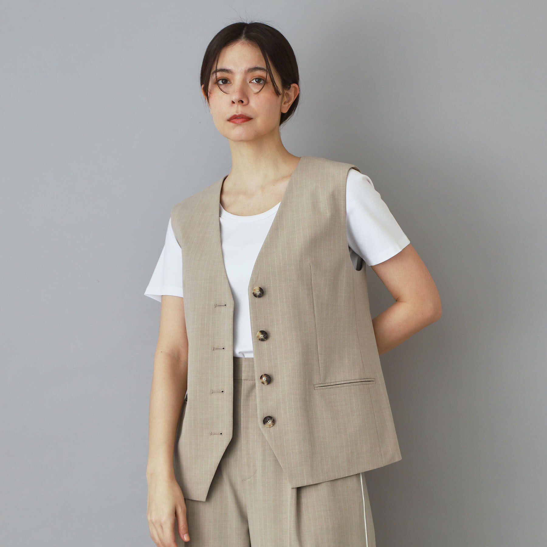 DRESSTERIOR「2WAYトロピカル ストライプジレ」|ベスト・ジレ|ベージュ(352)