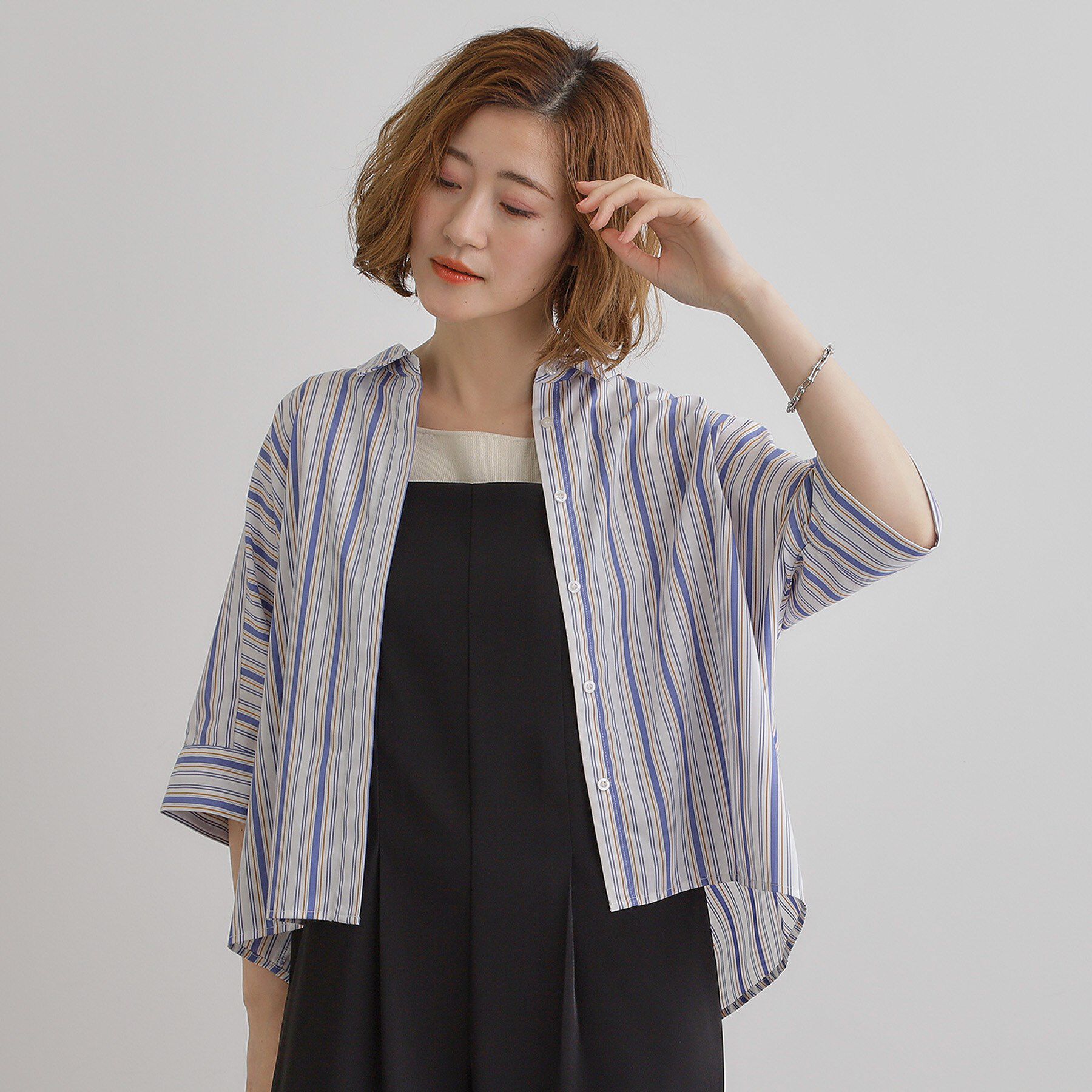 grove「【夏に嬉しい機能付き】ドルマンクロップドシャツ」|シャツ・ブラウス|オフストライプ(30