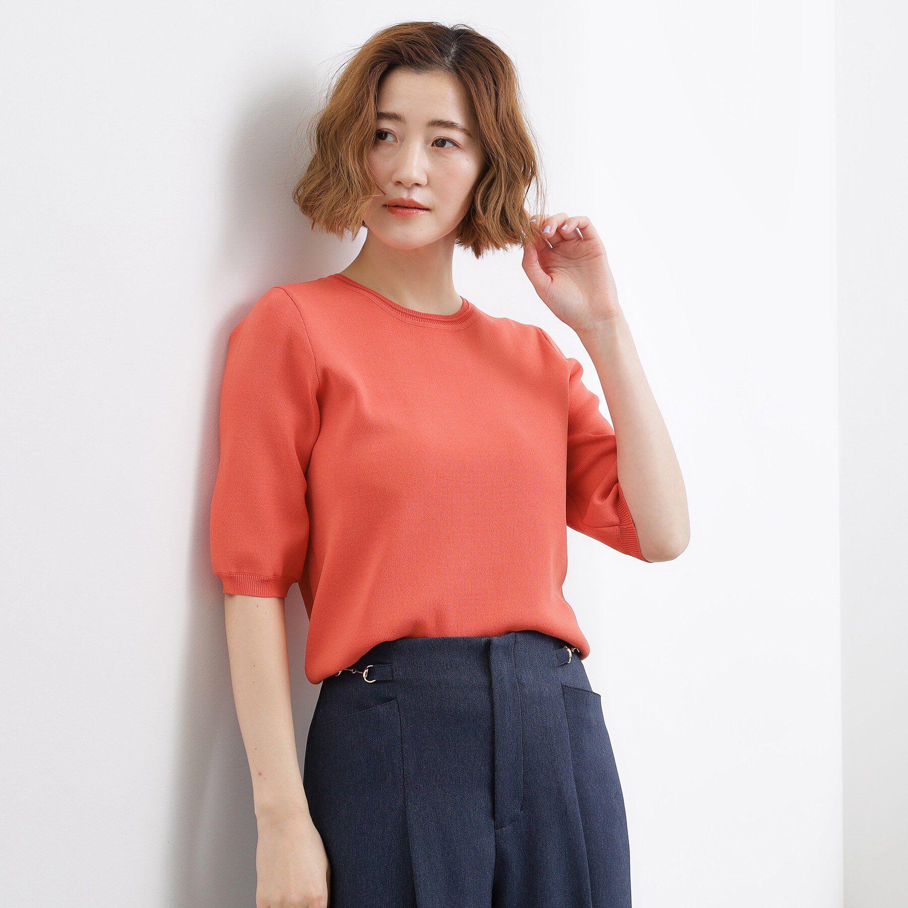 grove「【シリーズ累計34万枚】やわらかドライタッチ 五分袖クルーネックニット」|ニット・セーター|