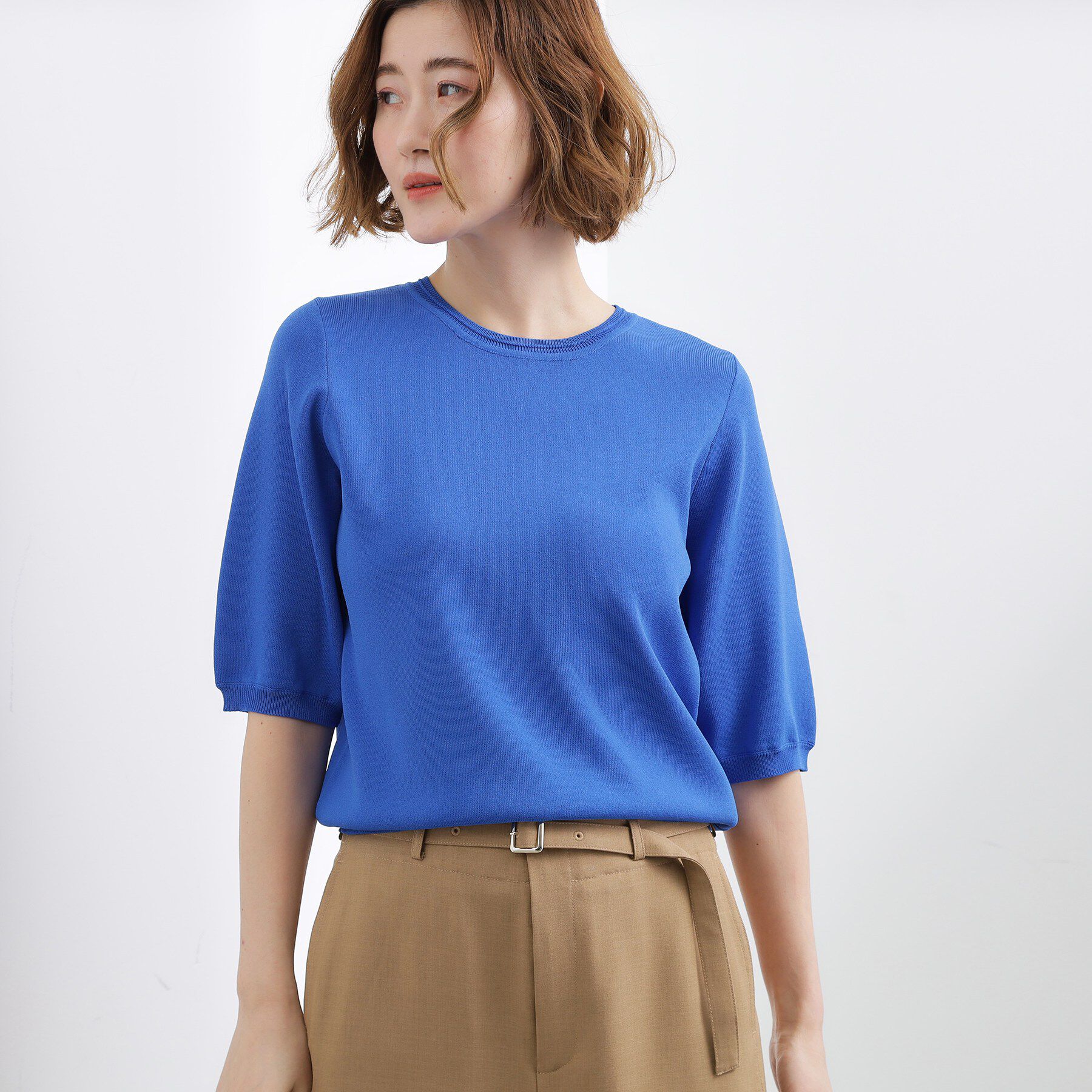 grove「【シリーズ累計34万枚】やわらかドライタッチ 五分袖クルーネックニット」|ニット・セーター|