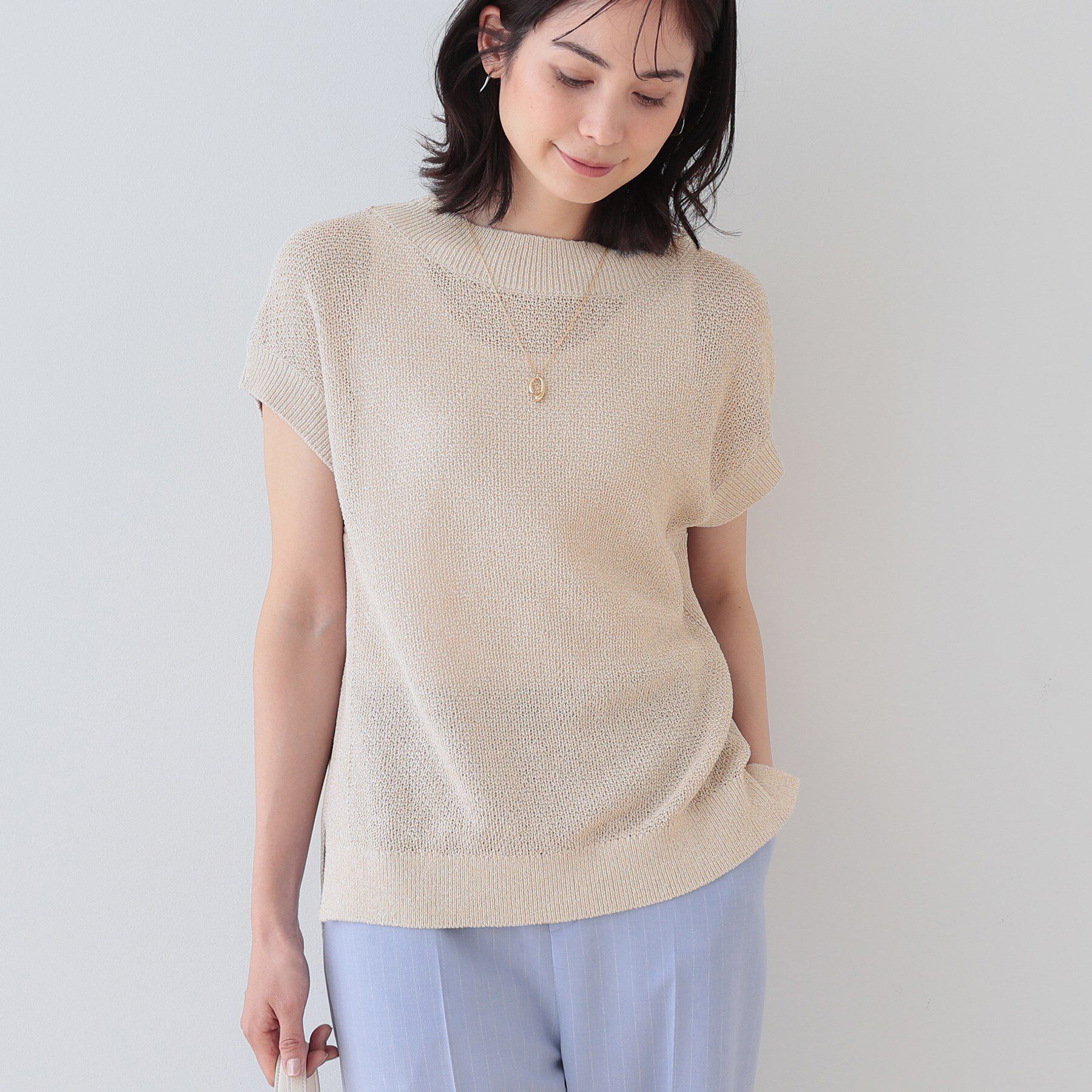 INDIVI「【和紙混素材】フレンチスリーブミックスカラーニット」|ニット・セーター|グレージュ(550)