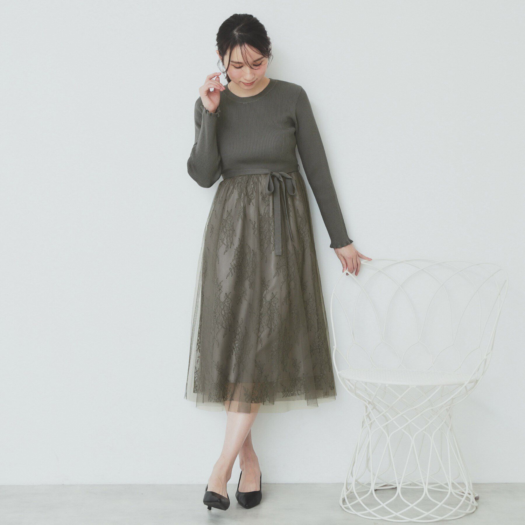 index「チュールレーススカートドッキングワンピース【洗濯機洗い可】」|ワンピース|
