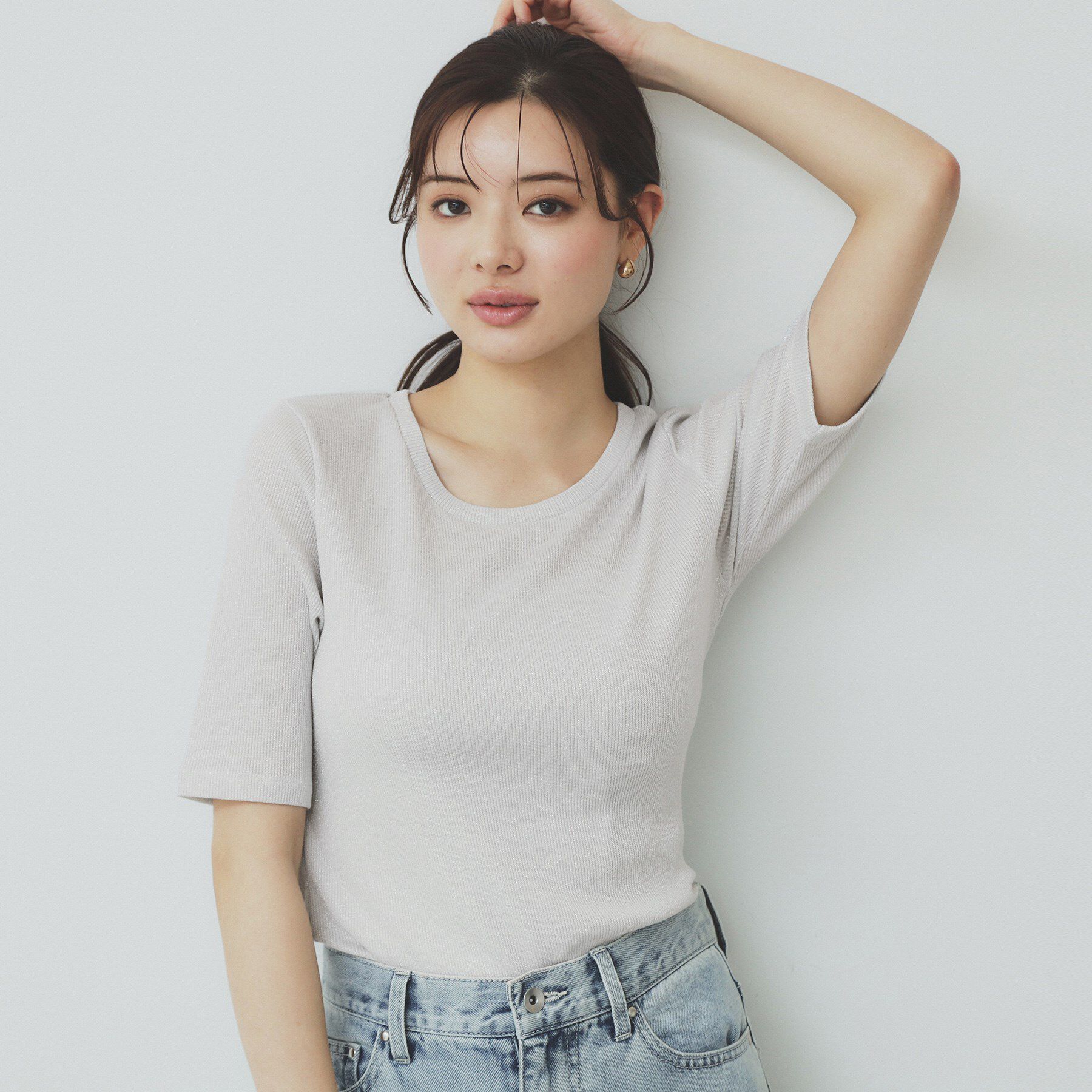 index「ラメリブクルーネックトップス【洗濯機洗い可】」|Tシャツ・カットソー|オフホワイト(603