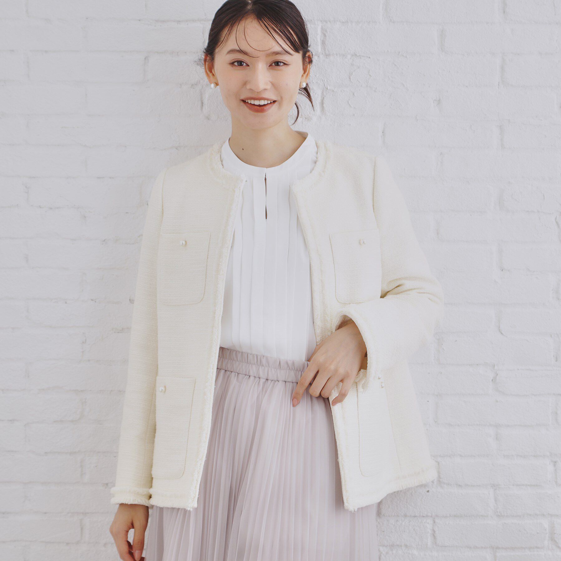 OPAQUE.CLIP「《通勤・セレモニー対応》コットンツイードミドルジャケット」|ノーカラージャケット|オフホワイト(003