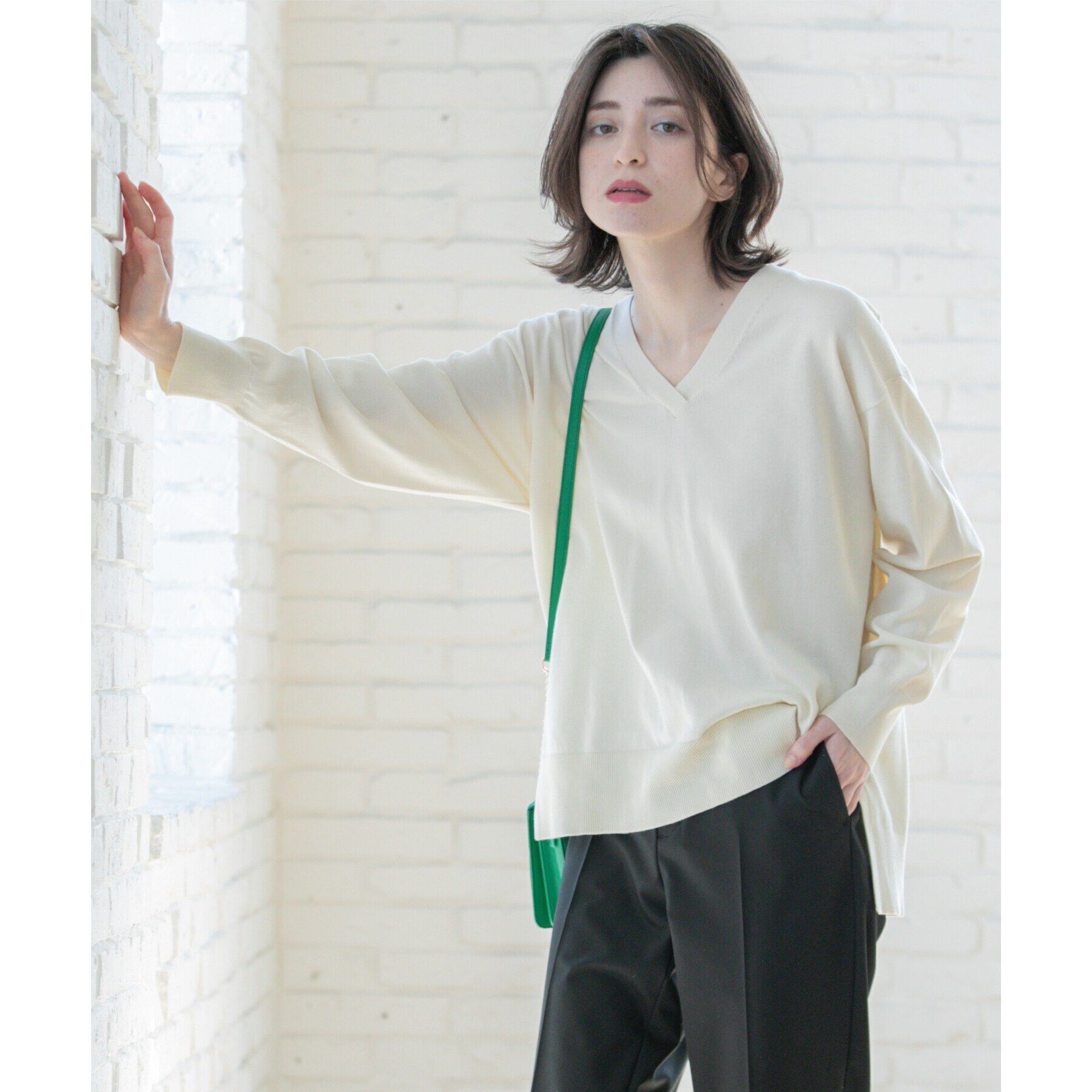 OPAQUE.CLIP「リラクシーVネックニット/オーガニックコツトン混【UV/洗濯機洗い可】」|ニット・セーター|オフホワイト(003