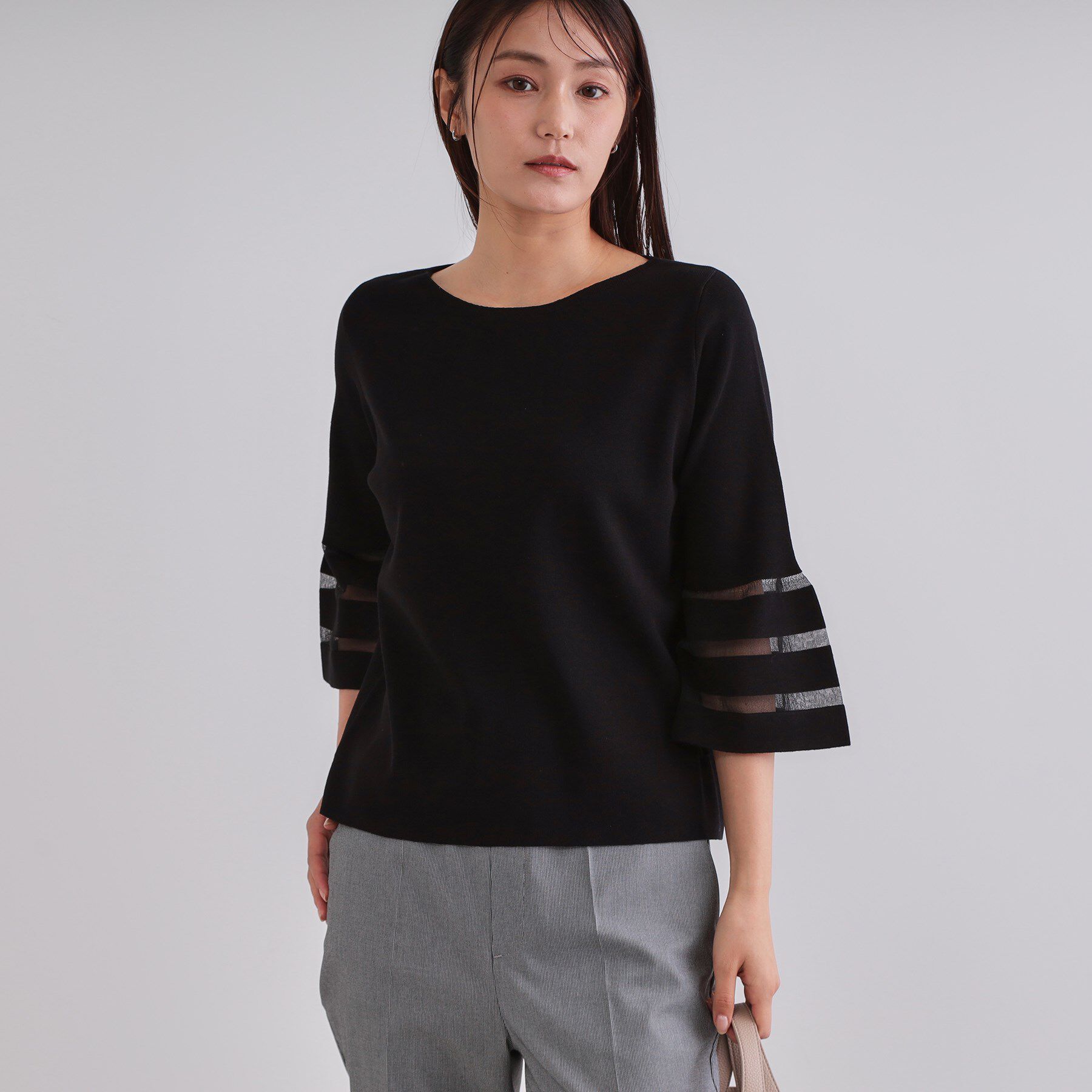 OPAQUE.CLIP「《6色展開》シアーボーダーフレアスリーブニット【洗濯機洗い可】」|ニット・セーター|