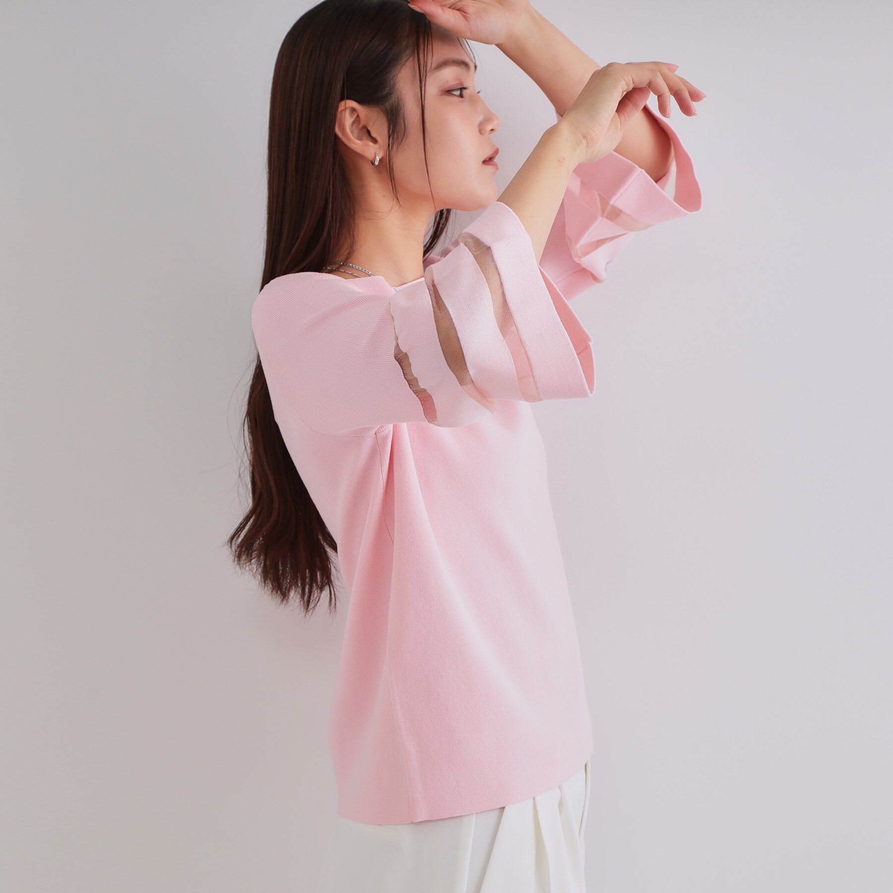 OPAQUE.CLIP「《6色展開》シアーボーダーフレアスリーブニット【洗濯機洗い可】」|ニット・セーター|