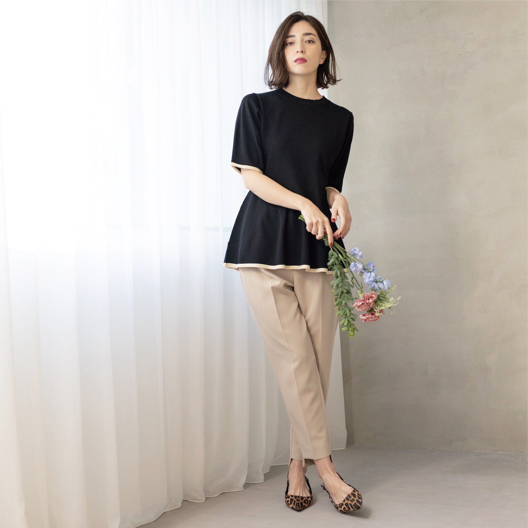 OPAQUE.CLIP「配色ライン ペプラムニット」|ニット・セーター|