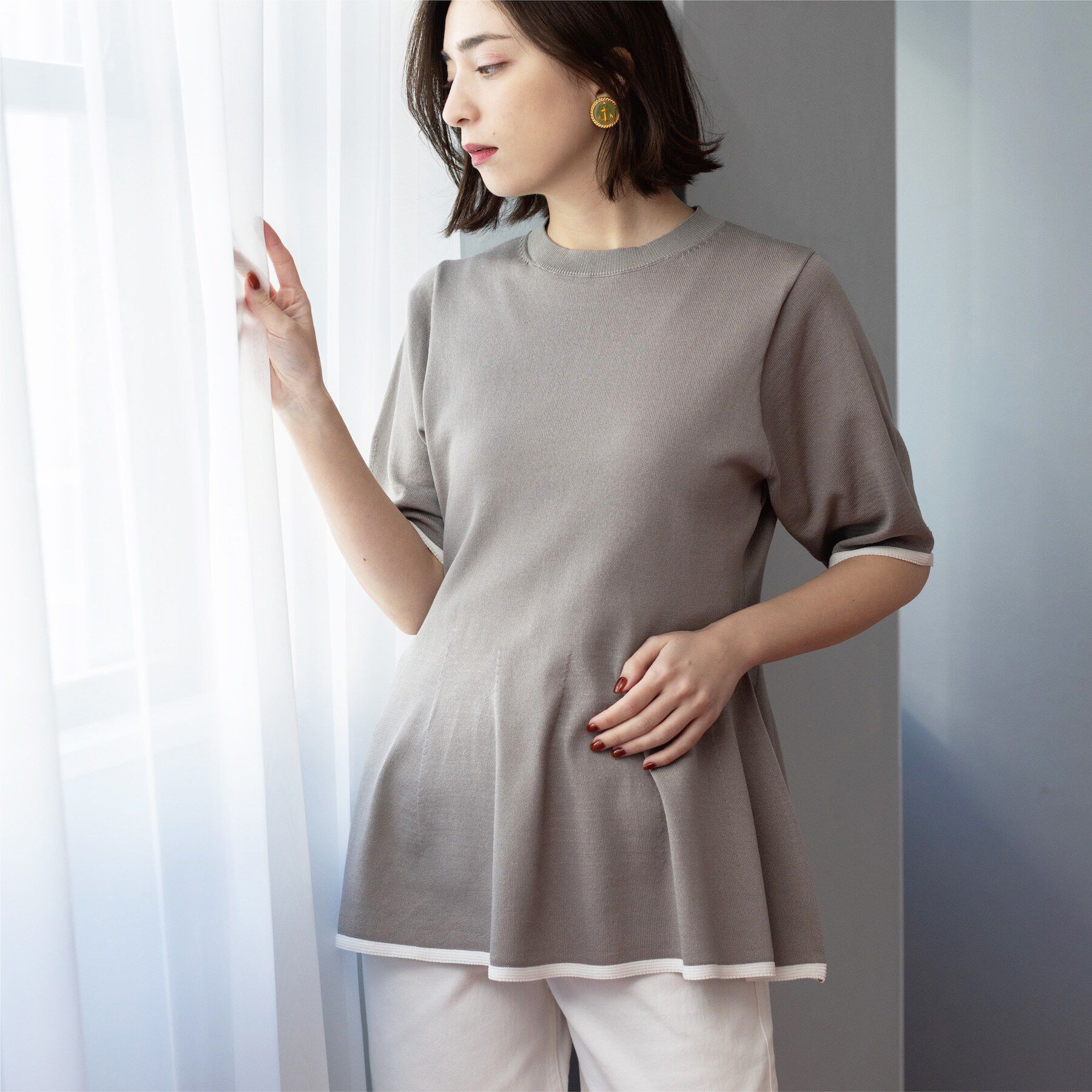 OPAQUE.CLIP「配色ライン ペプラムニット」|ニット・セーター|