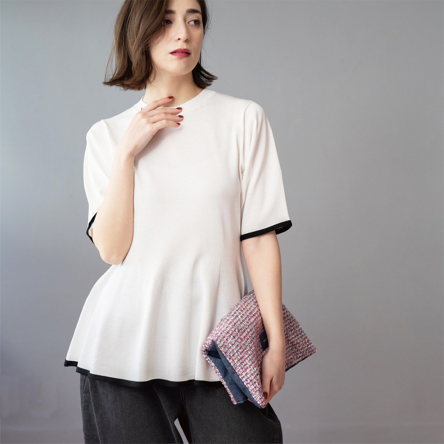 OPAQUE.CLIP「配色ライン ペプラムニット」|ニット・セーター|