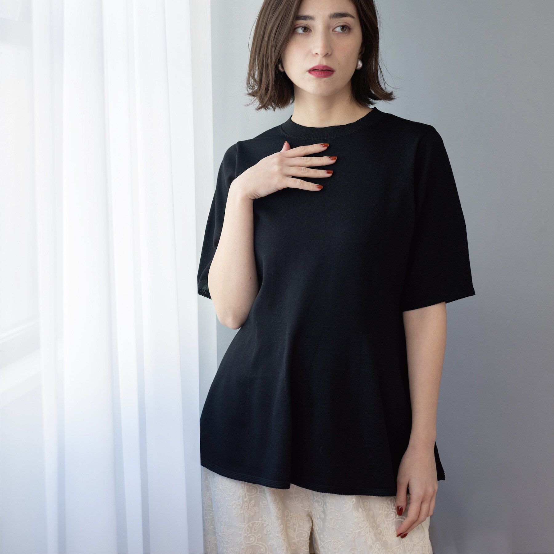 OPAQUE.CLIP「配色ライン ペプラムニット」|ニット・セーター|