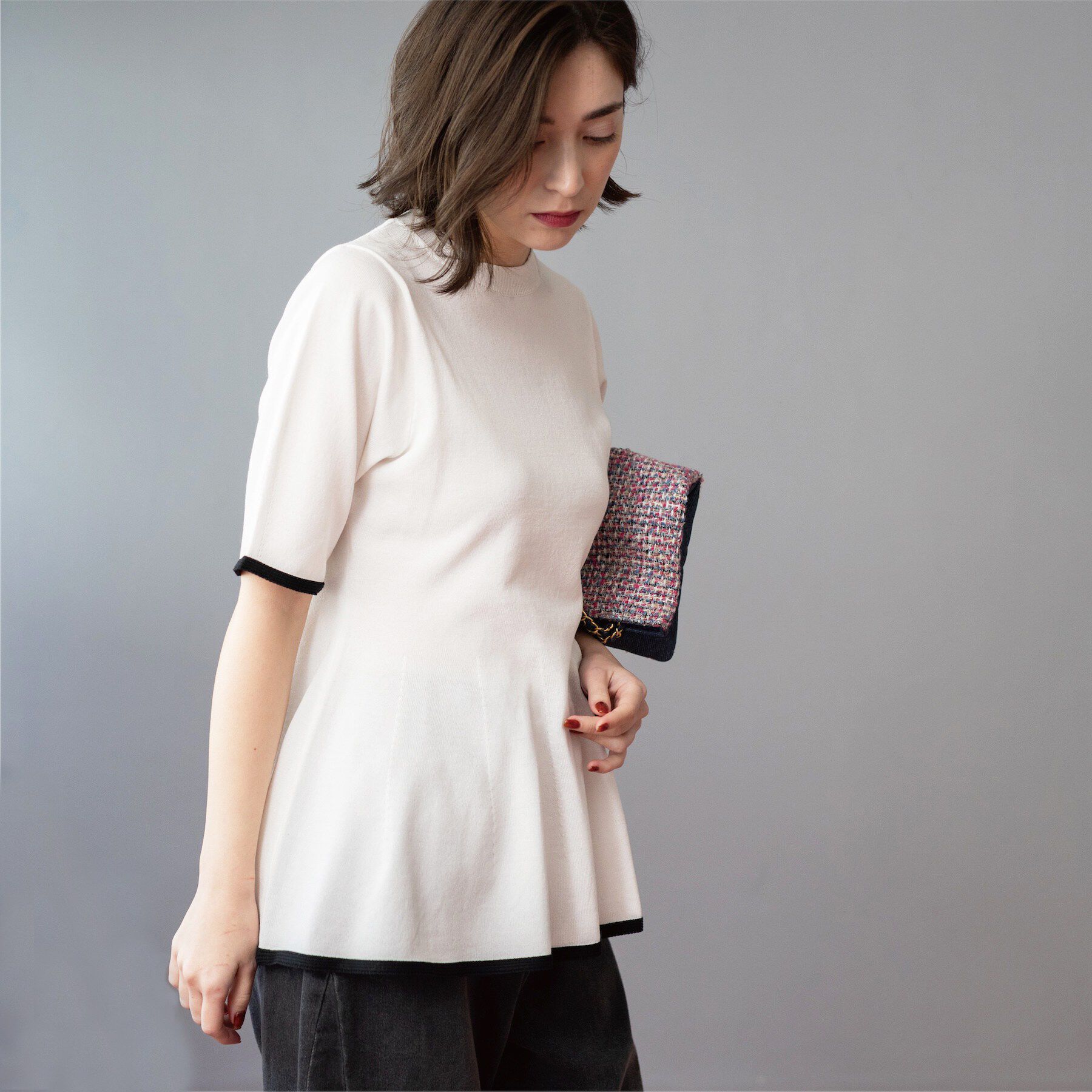 OPAQUE.CLIP「配色ライン ペプラムニット」|ニット・セーター|