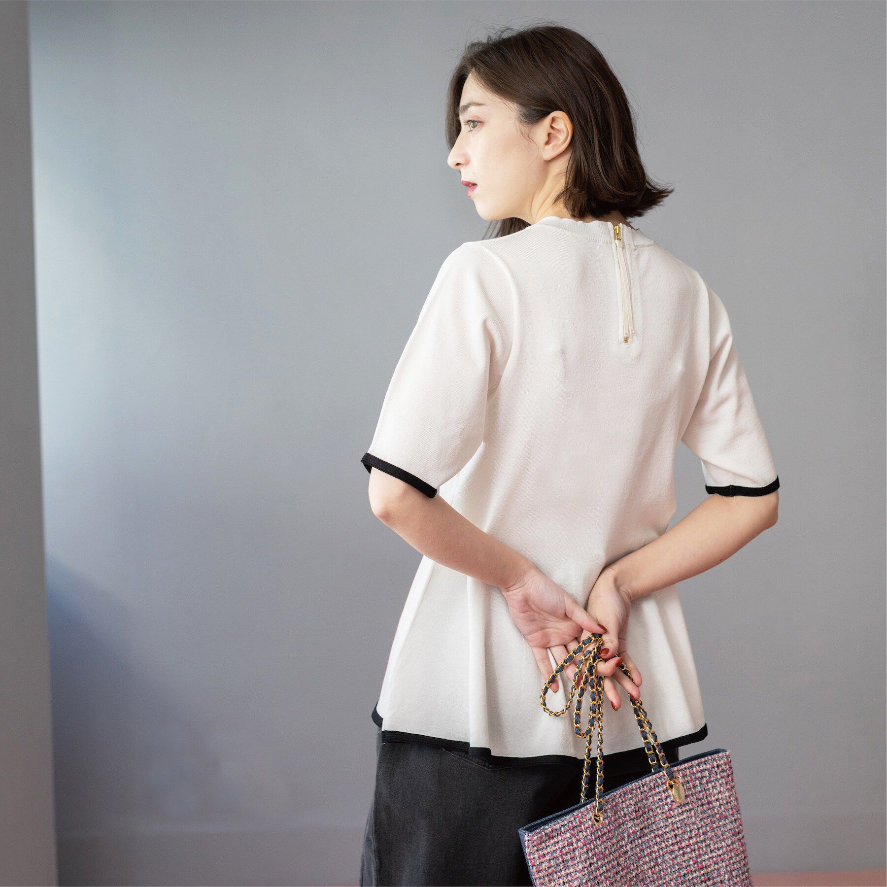 OPAQUE.CLIP「配色ライン ペプラムニット」|ニット・セーター|