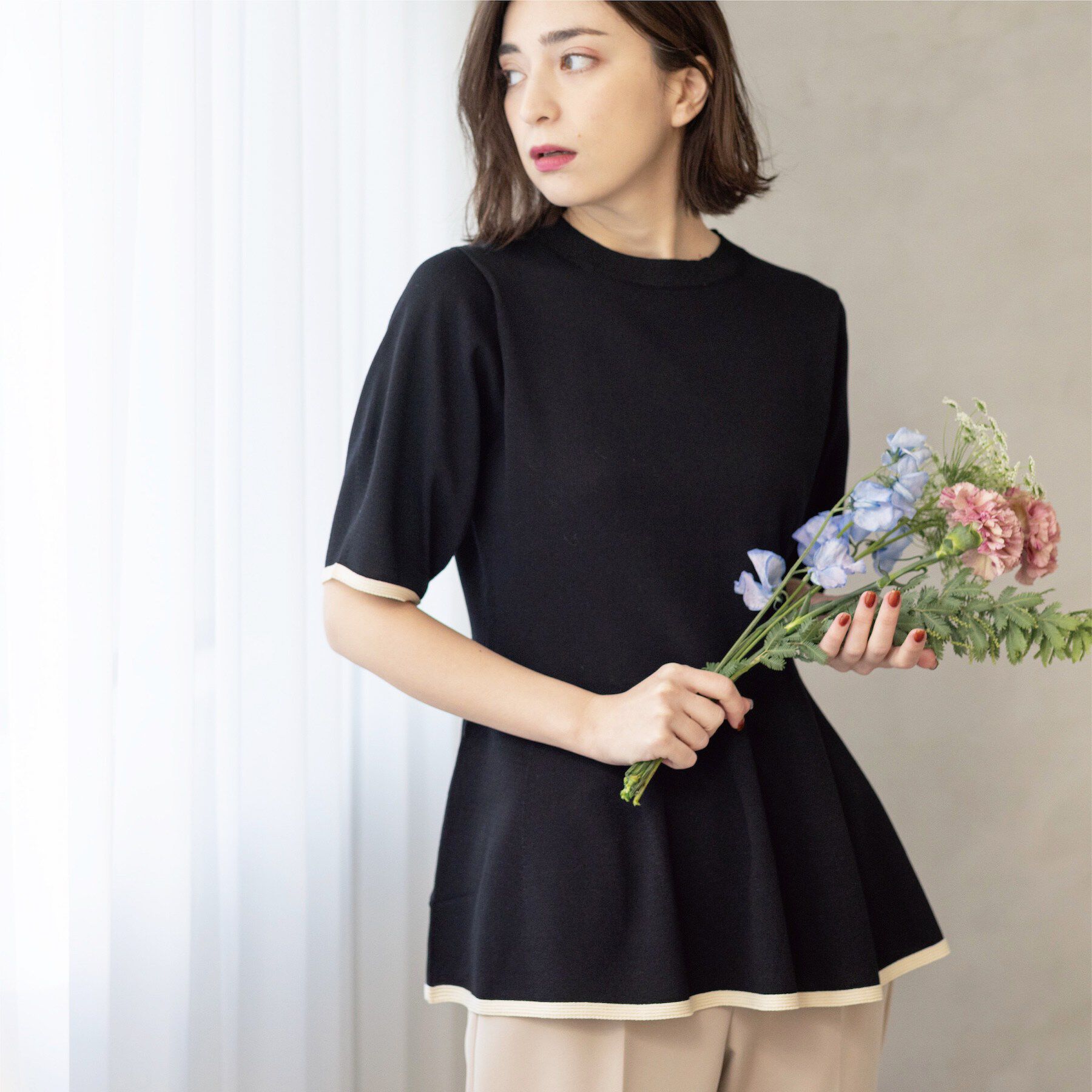 OPAQUE.CLIP「配色ライン ペプラムニット」|ニット・セーター|