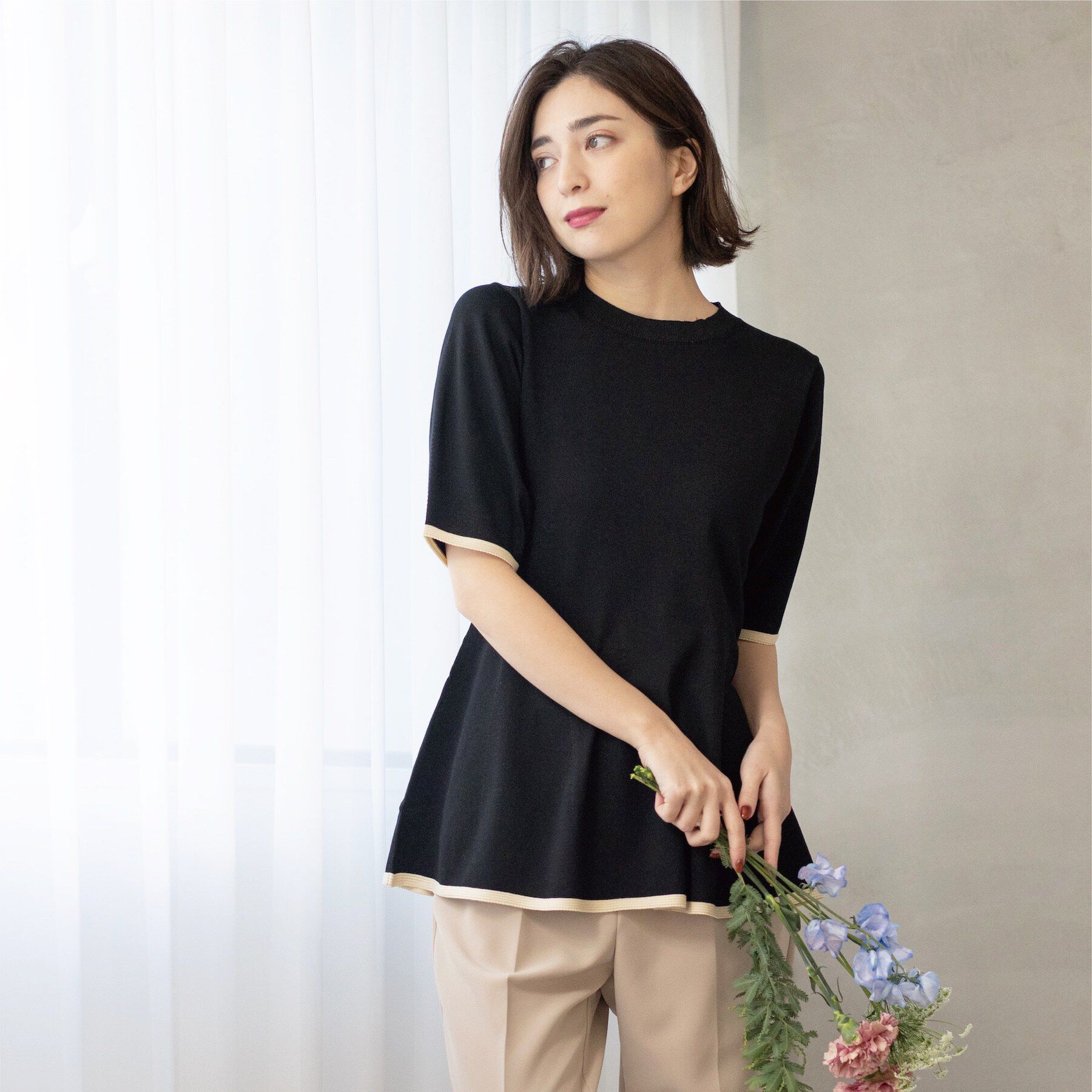 OPAQUE.CLIP「配色ライン ペプラムニット」|ニット・セーター|