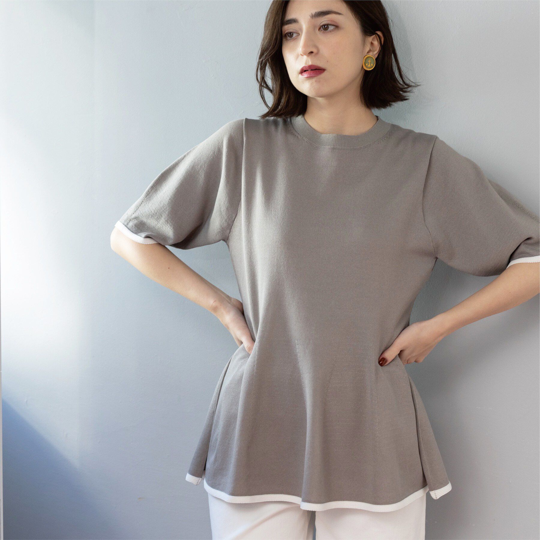 OPAQUE.CLIP「配色ライン ペプラムニット」|ニット・セーター|グレー(512)