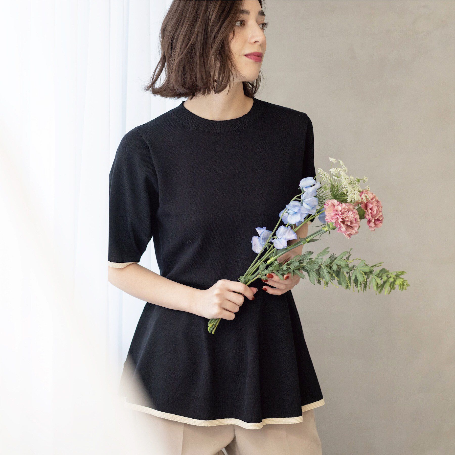 OPAQUE.CLIP「配色ライン ペプラムニット」|ニット・セーター|ブラック(519)