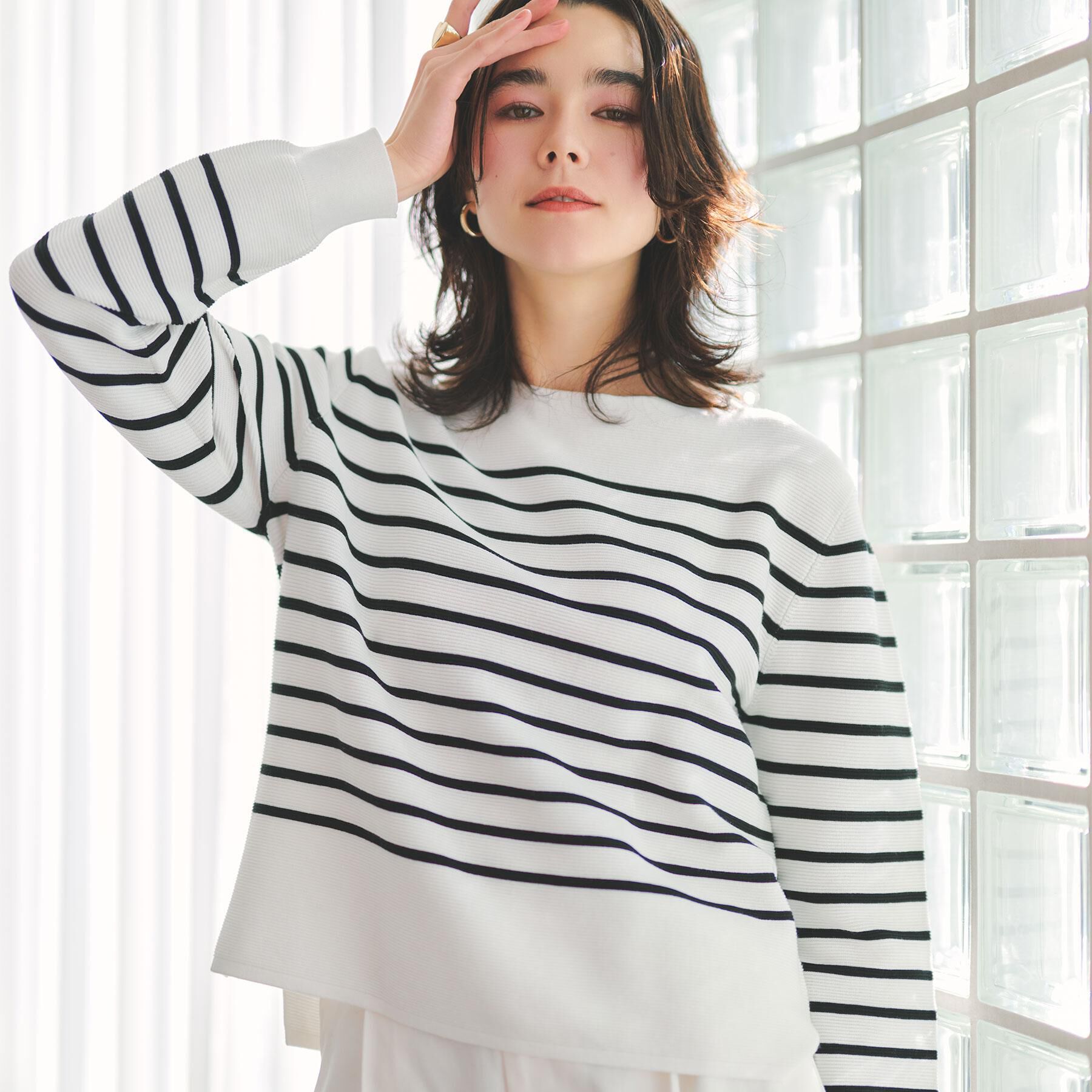 OPAQUE.CLIP「ボートネックガーターニット/オーガニックコットン混【洗濯機OK/UVケア】《6col》」|ニット・セーター|