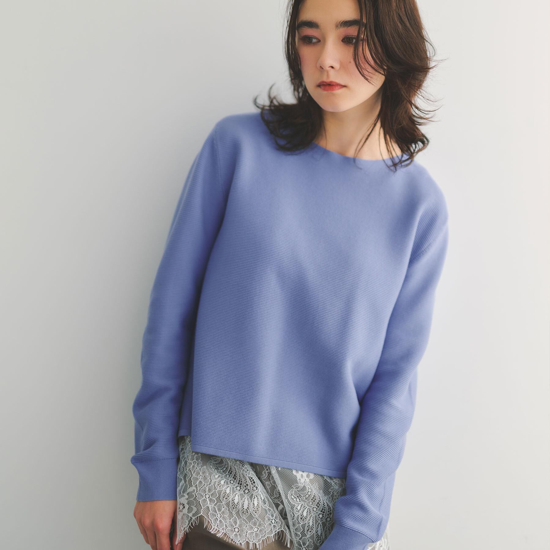 OPAQUE.CLIP「ボートネックガーターニット/オーガニックコットン混【洗濯機OK/UVケア】《6col》」|ニット・セーター|ブルー(091)