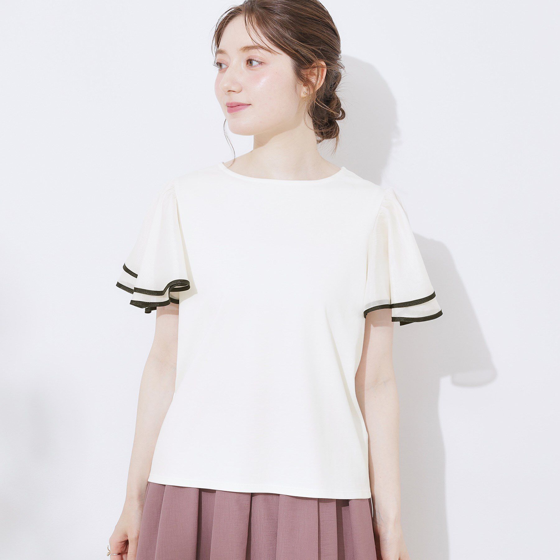 Couture broach「【マシンウォッシャブル・UVケア・接触冷感・二の腕カバー】配色フレアドッキングカットソー」|Tシャツ・カットソー|