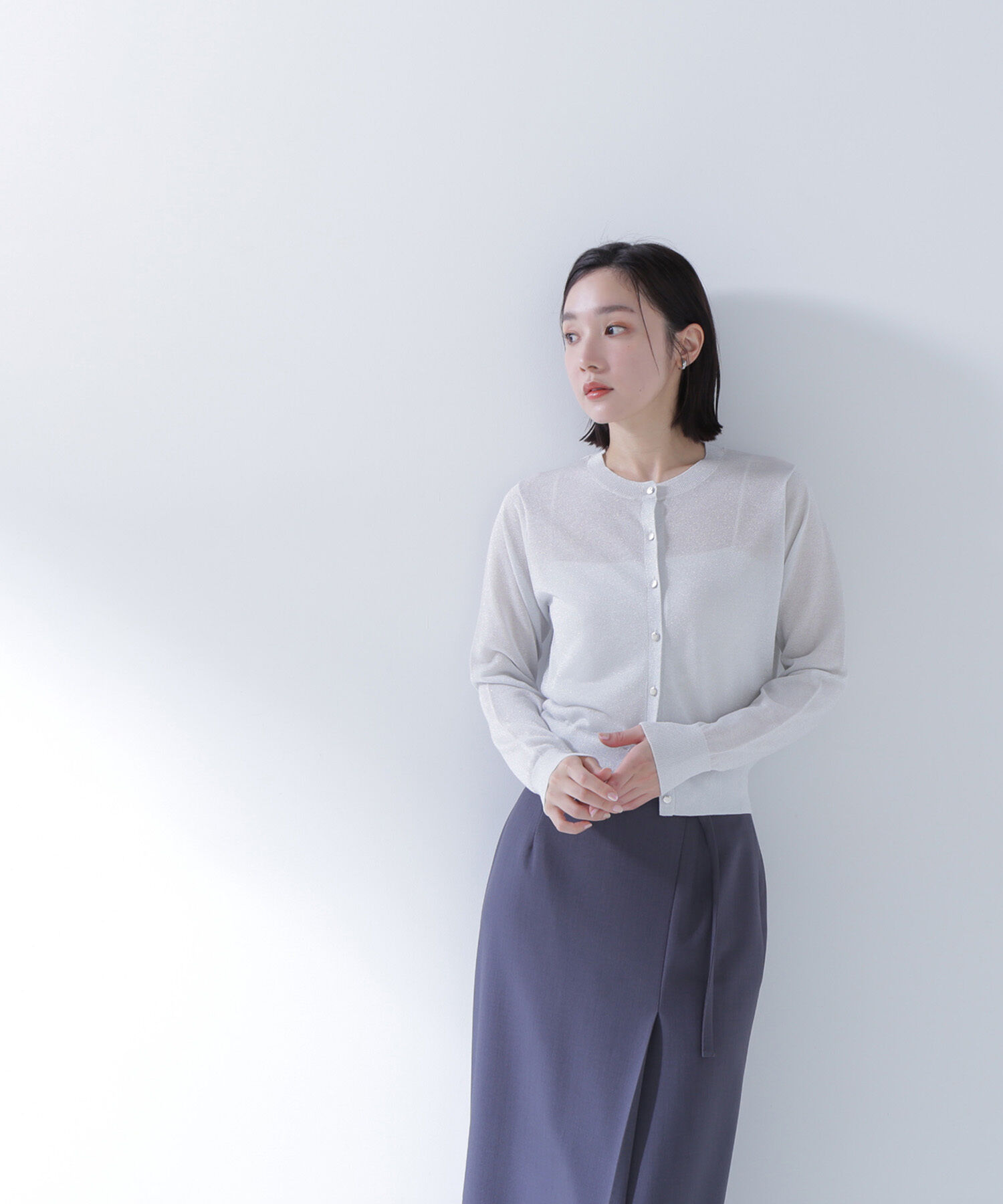  「ラメシアーベーシックカーディガン」|ニット・セーター|ライトグレー