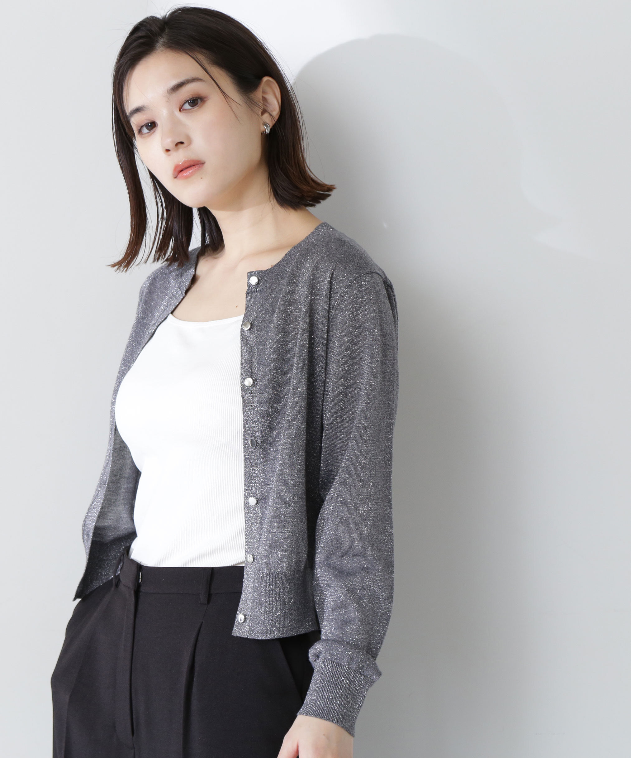  「ラメシアーベーシックカーディガン」|ニット・セーター|チャコール1