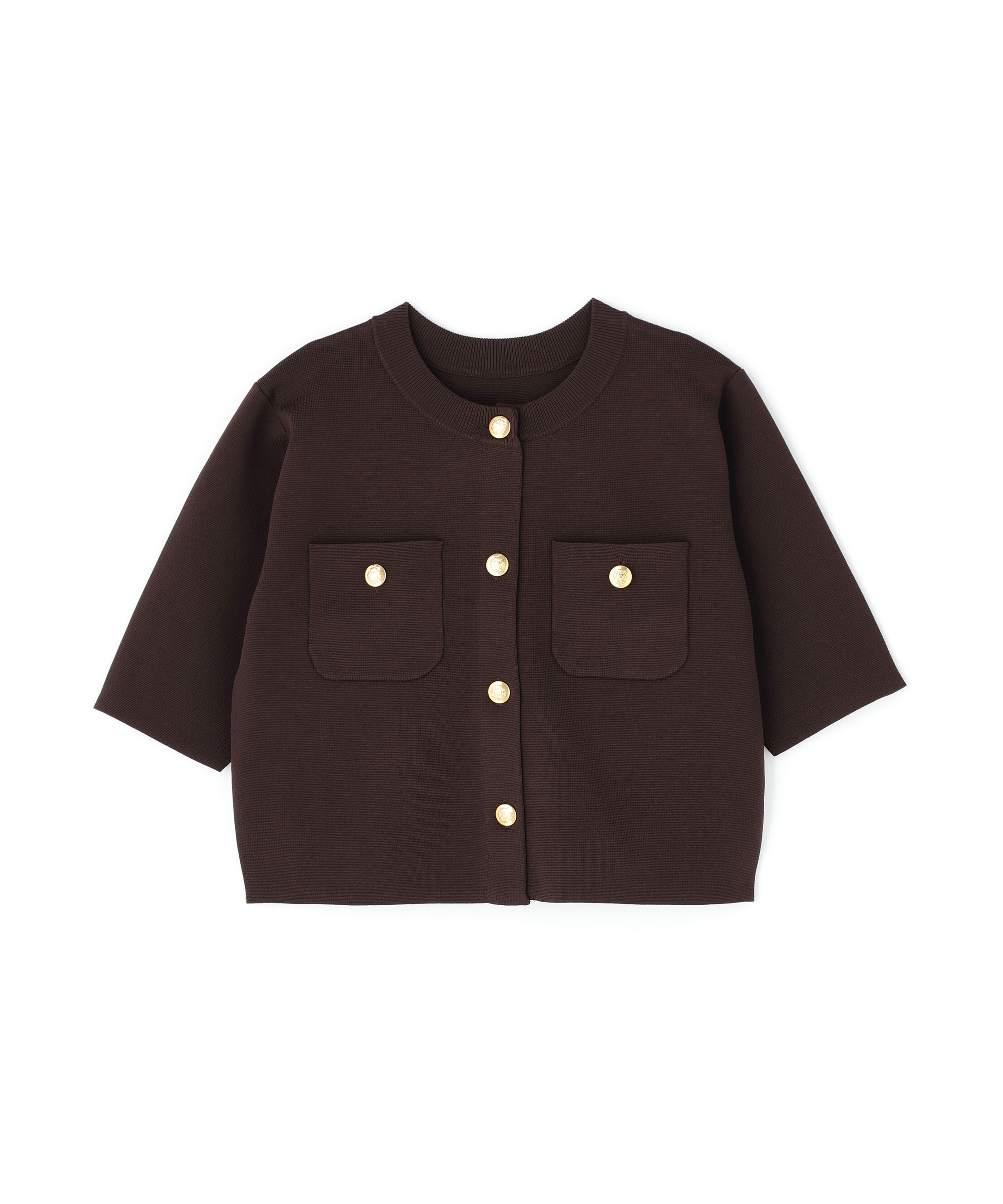  「エンブレムボタンニットジャケット半袖」|ニット・セーター|