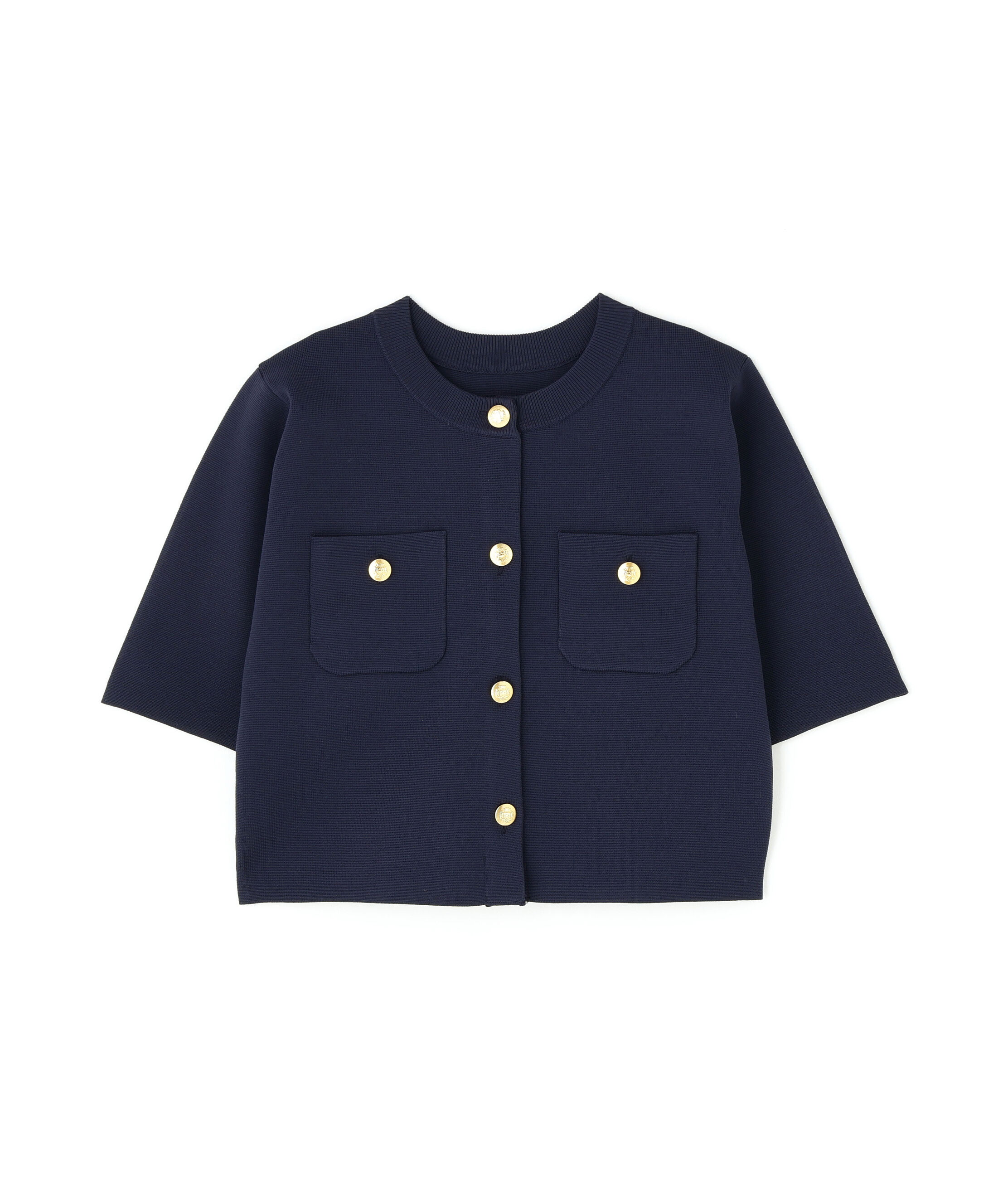  「エンブレムボタンニットジャケット半袖」|ニット・セーター|