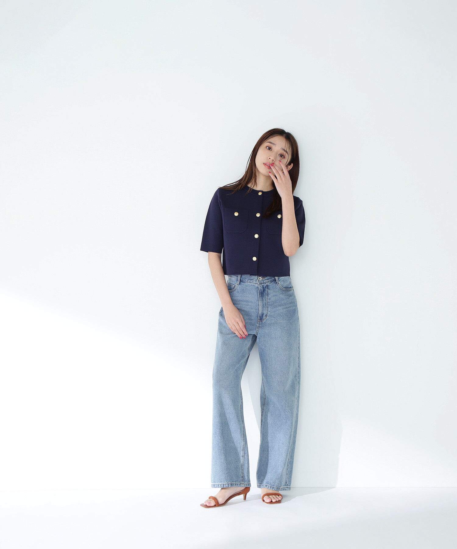  「エンブレムボタンニットジャケット半袖」|ニット・セーター|