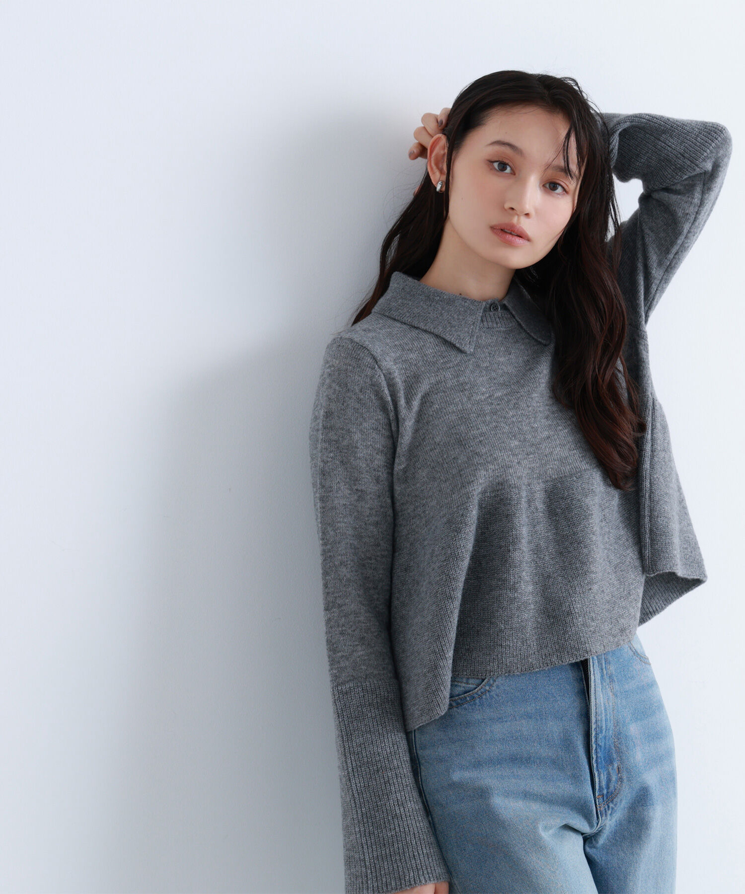  「襟付きペプラムニット」|ニット・セーター|グレー