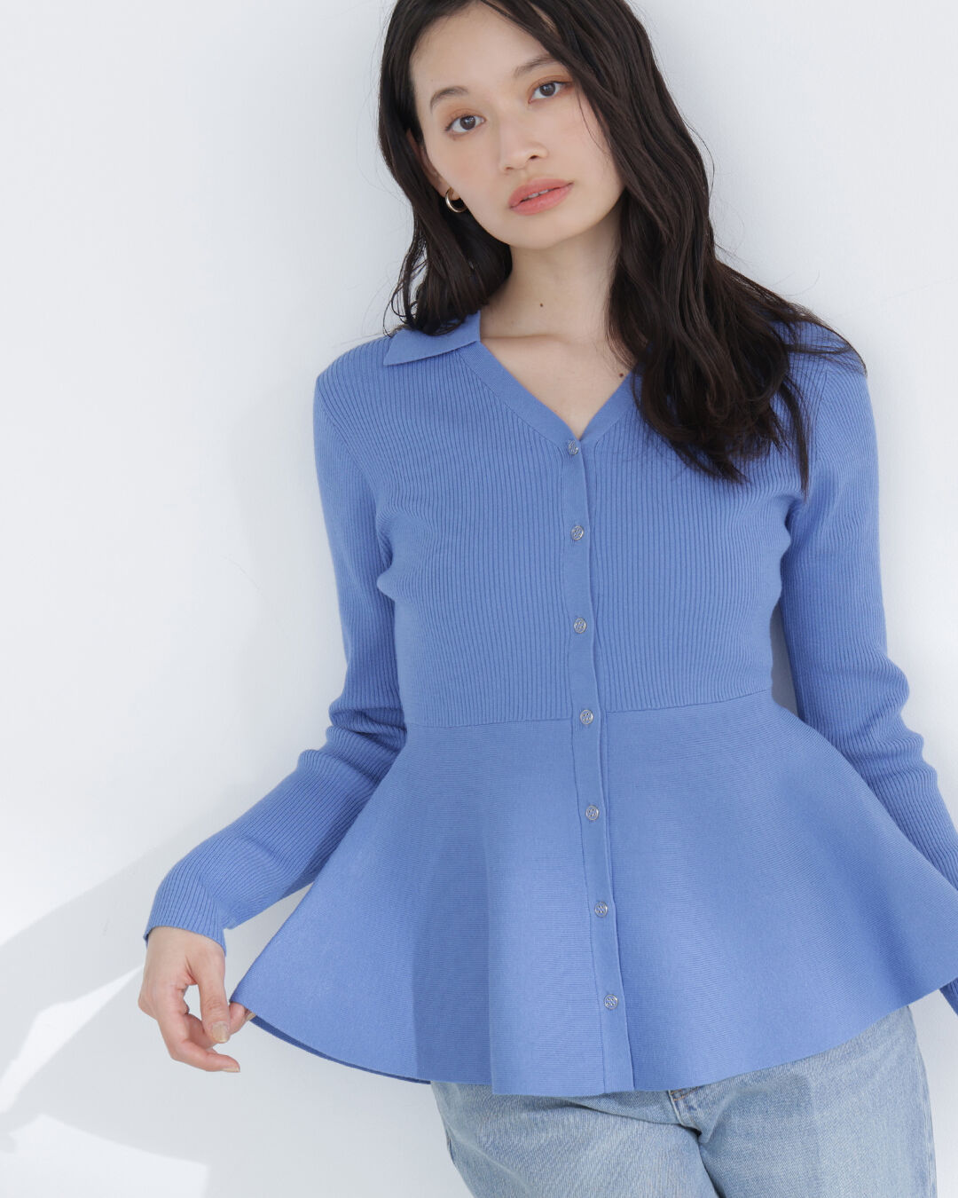  「スキッパーペプラムリブニット」|ニット・セーター|ブルー