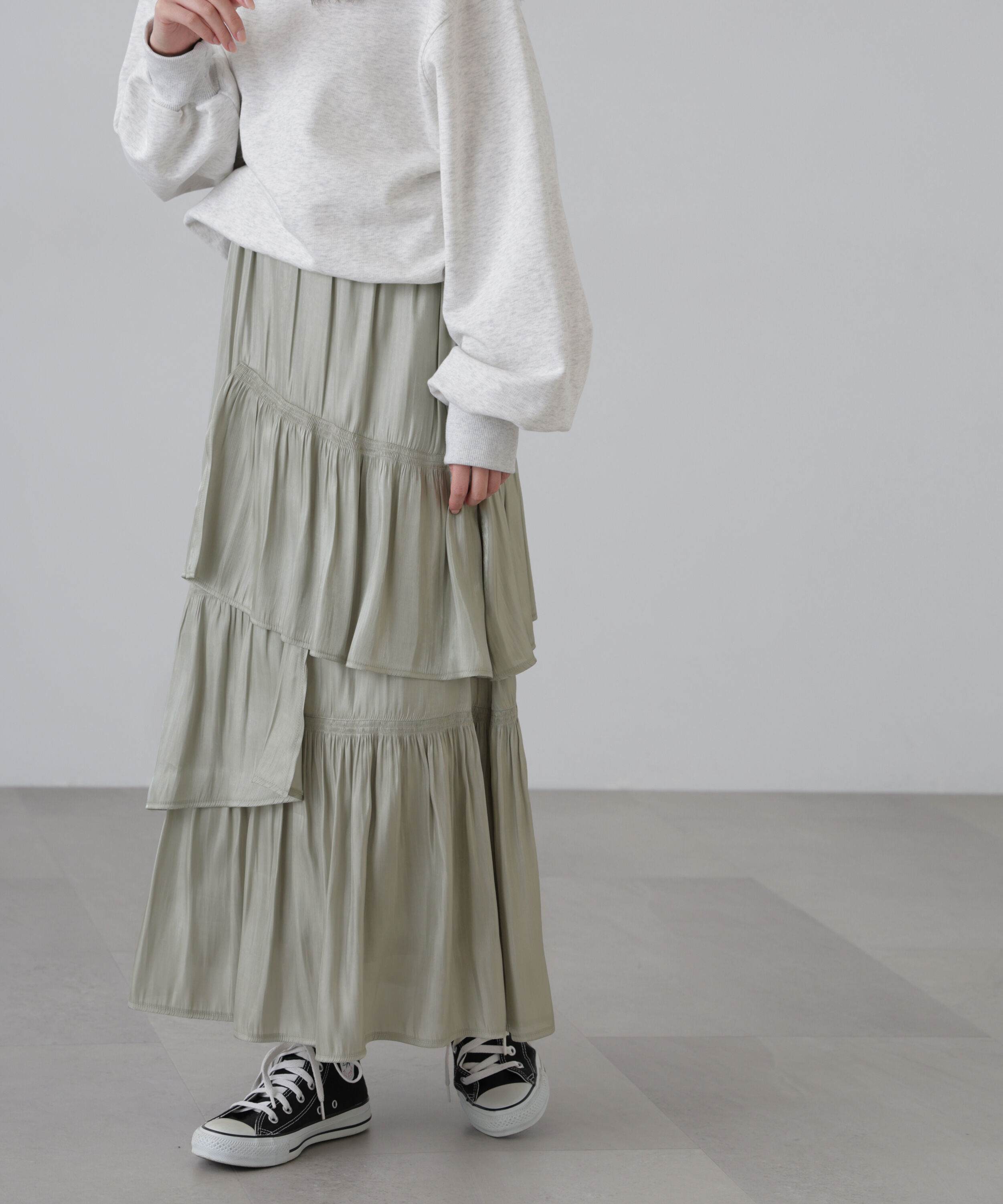  「アシメシャーリングティアードスカート」|スカート|ライトグリー