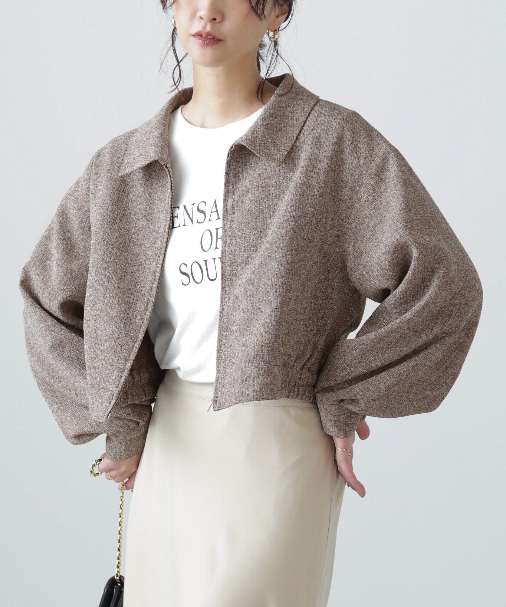  「ツイードジップブルゾン」|ブルゾン・スタジャン|ベージュ