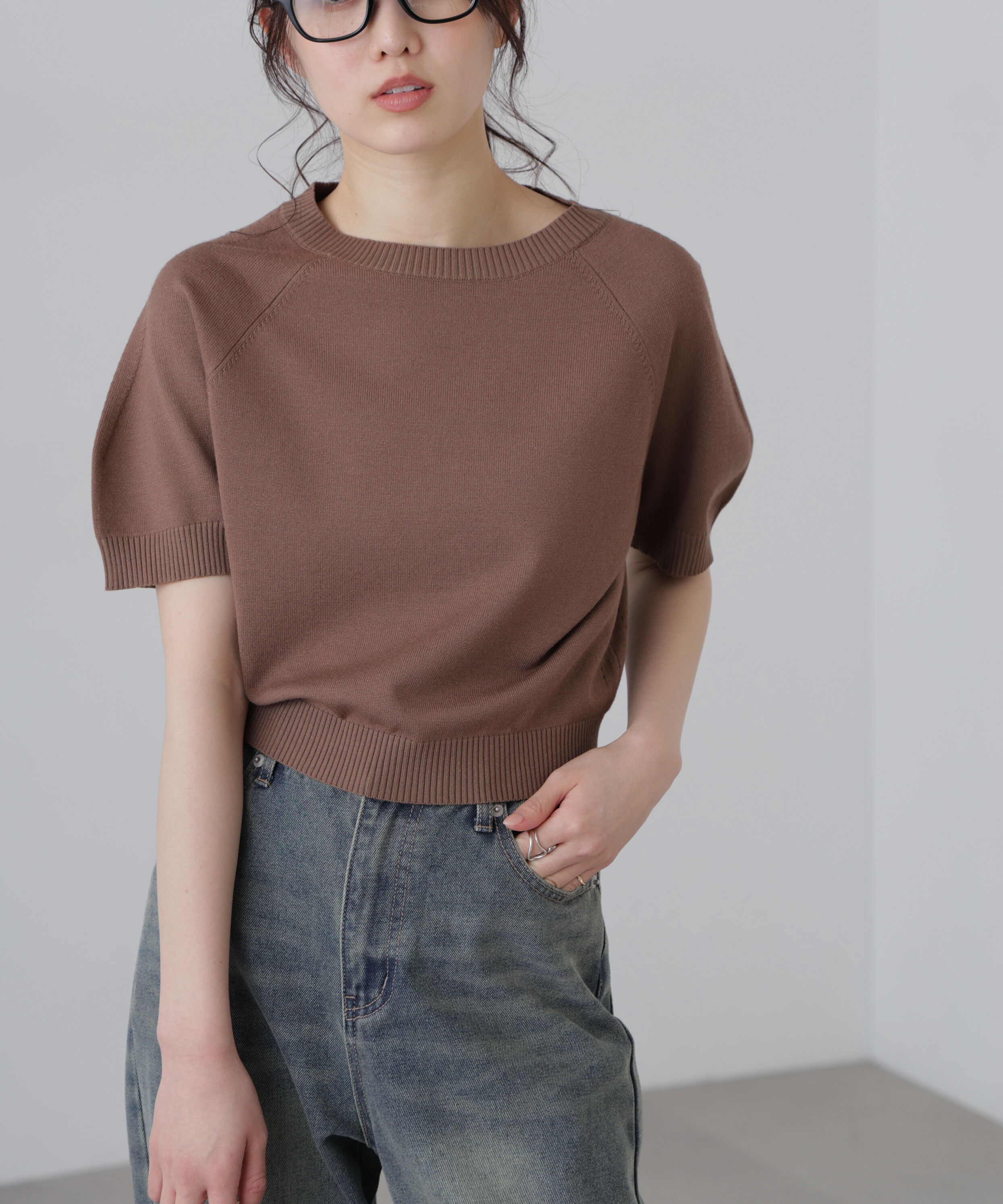  「〈洗える〉マシンウォッシャブルパフスリーブ半袖ニット」|ニット・セーター|ブラウン