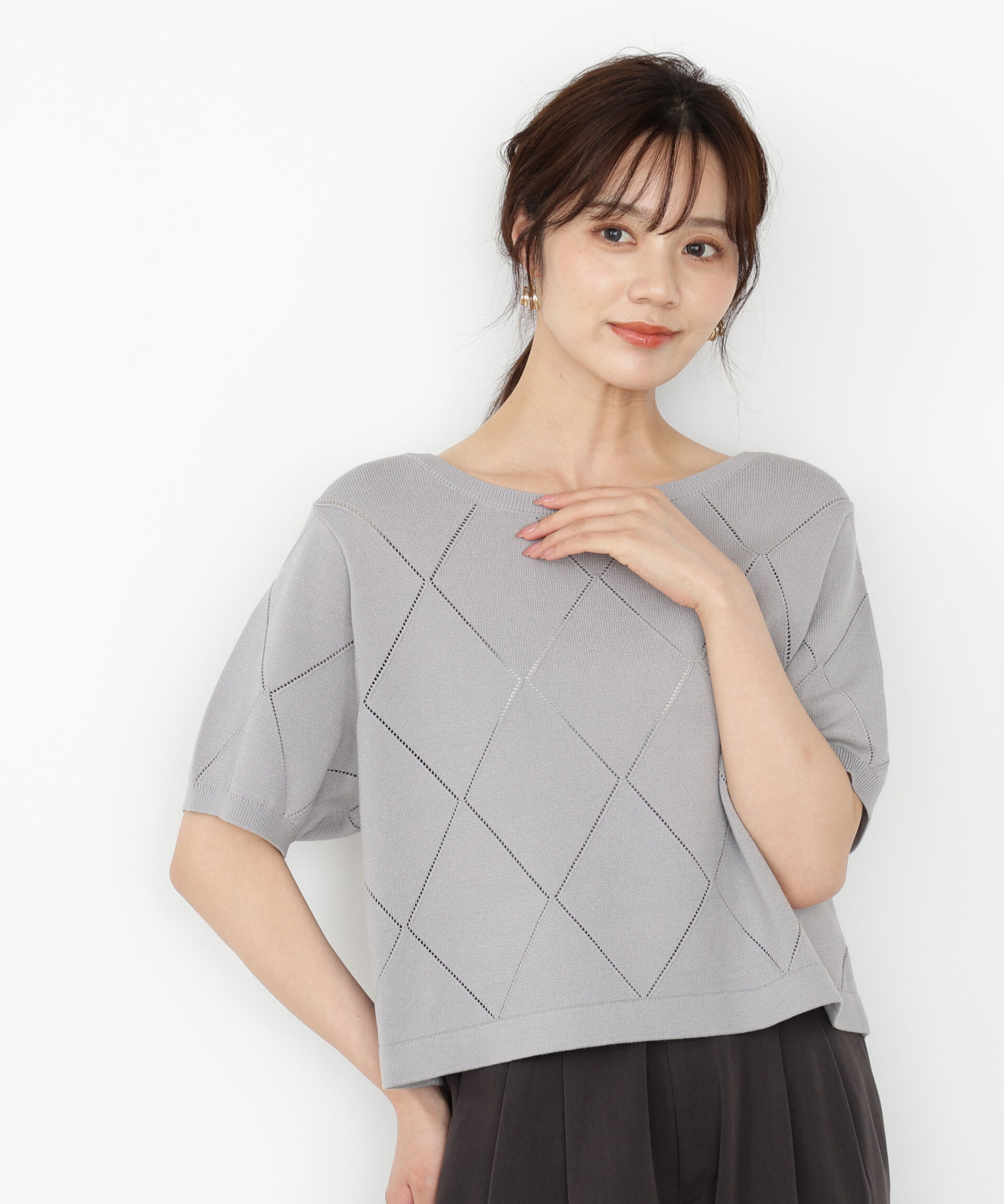 PROPORTION BODY DRESSING「＜ハンドウォッシャブル＞ダイヤ柄半袖ニット 25AW」|ニット・セーター|グレージュ