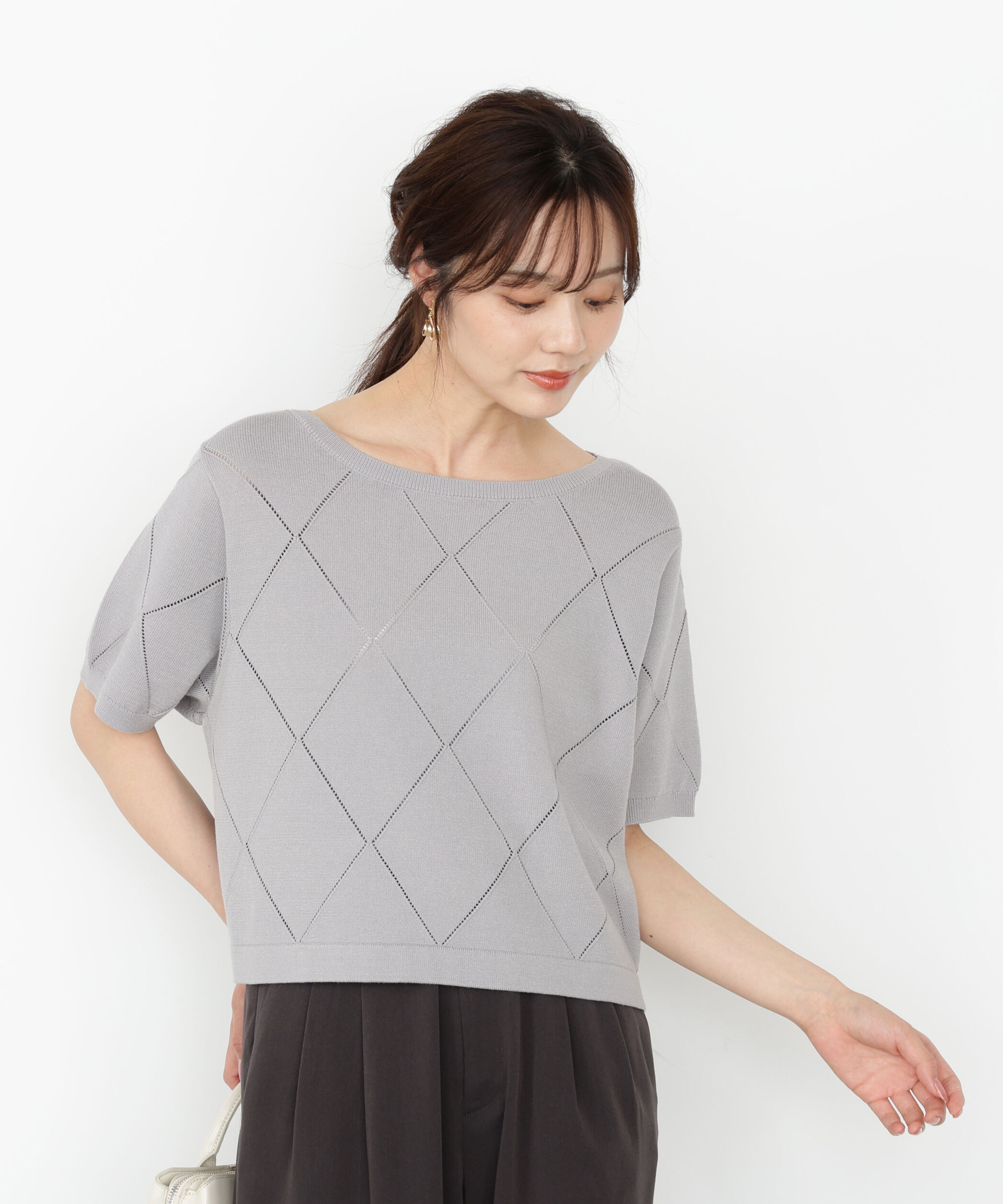 PROPORTION BODY DRESSING「＜ハンドウォッシャブル＞ダイヤ柄半袖ニット 25AW」|ニット・セーター|