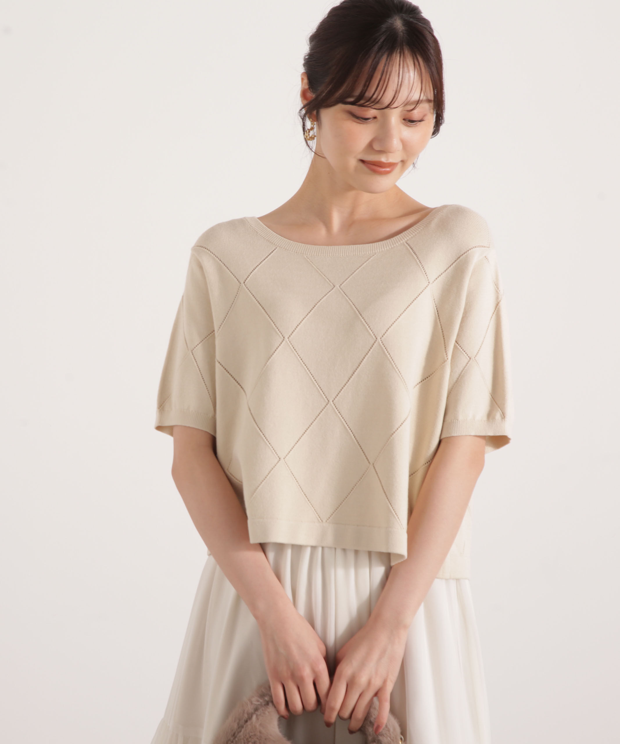 PROPORTION BODY DRESSING「＜ハンドウォッシャブル＞ダイヤ柄半袖ニット 25AW」|ニット・セーター|アイボリー2