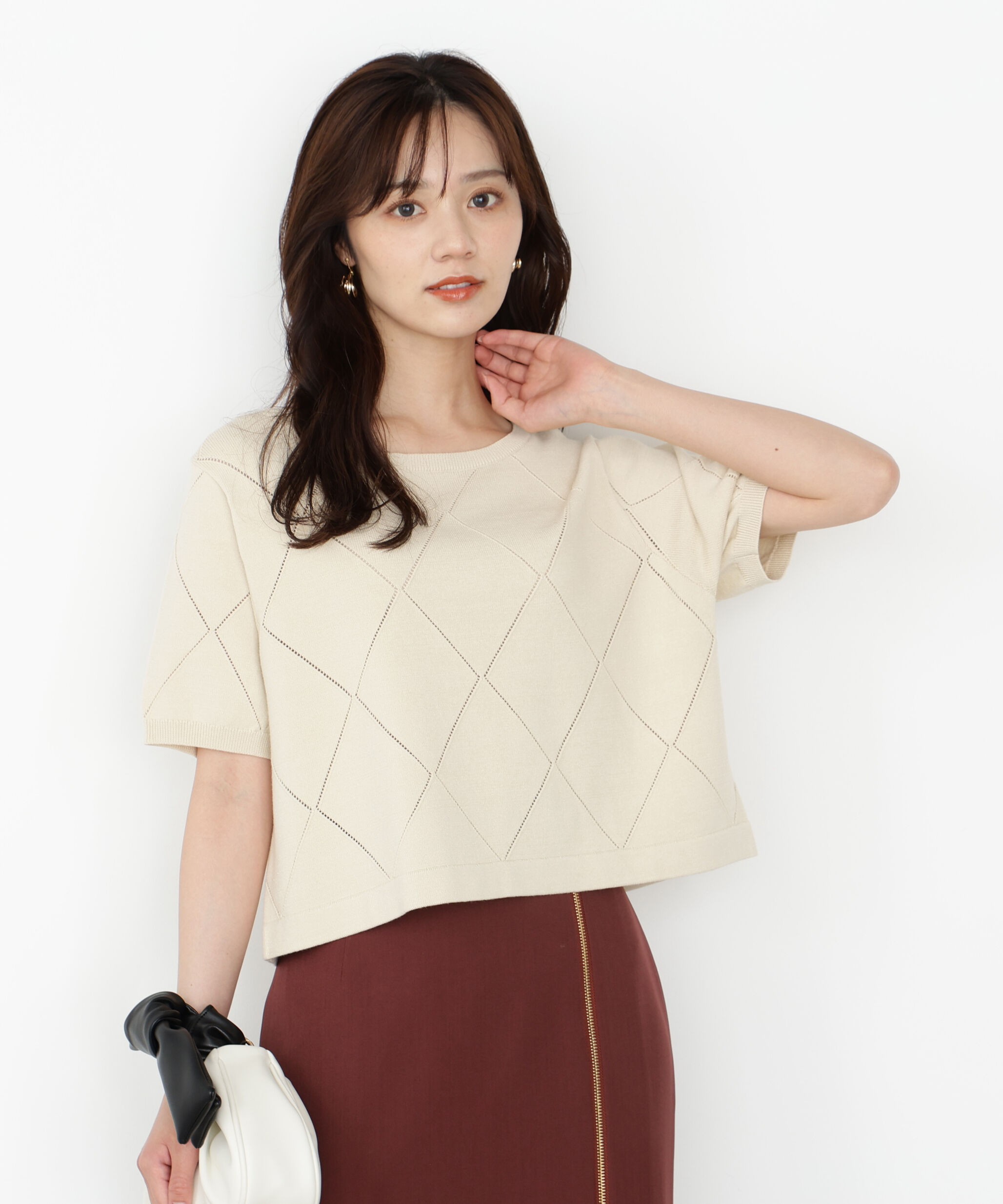 PROPORTION BODY DRESSING「＜ハンドウォッシャブル＞ダイヤ柄半袖ニット 25AW」|ニット・セーター|