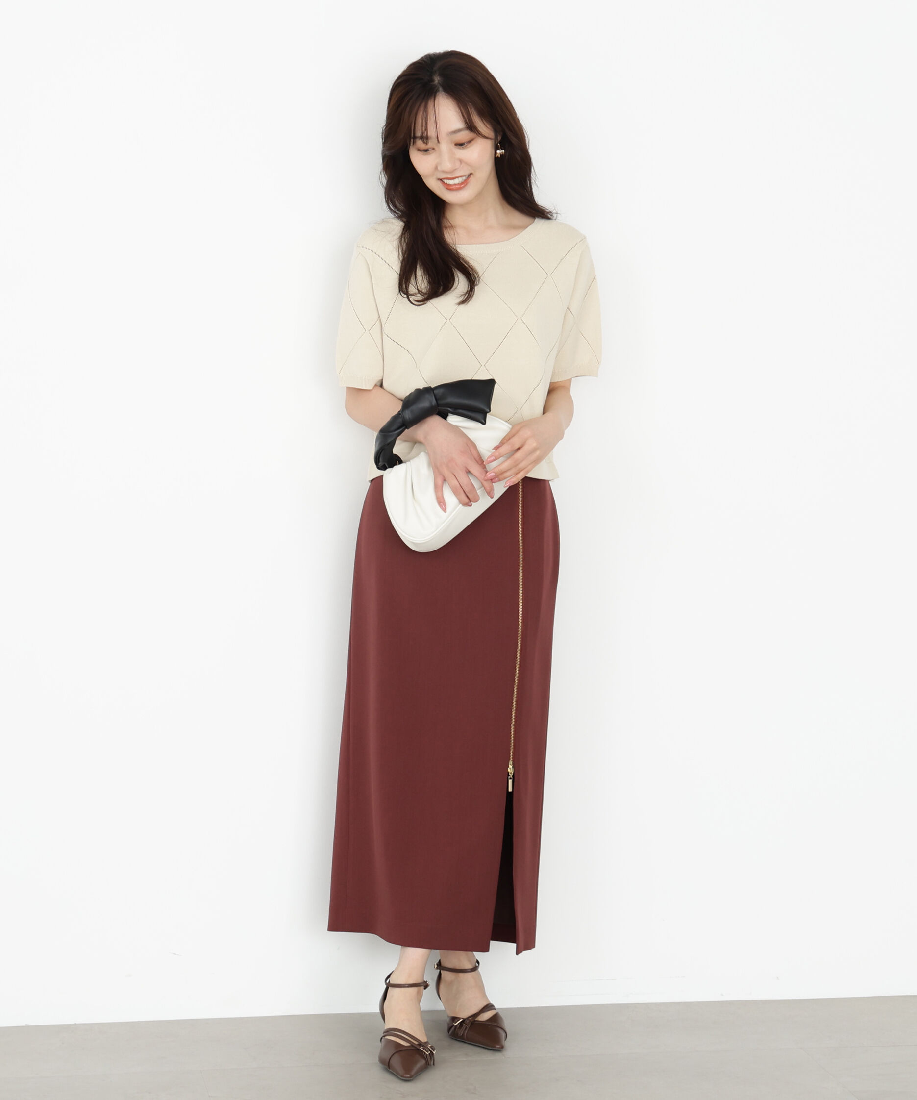 PROPORTION BODY DRESSING「＜ハンドウォッシャブル＞ダイヤ柄半袖ニット 25AW」|ニット・セーター|