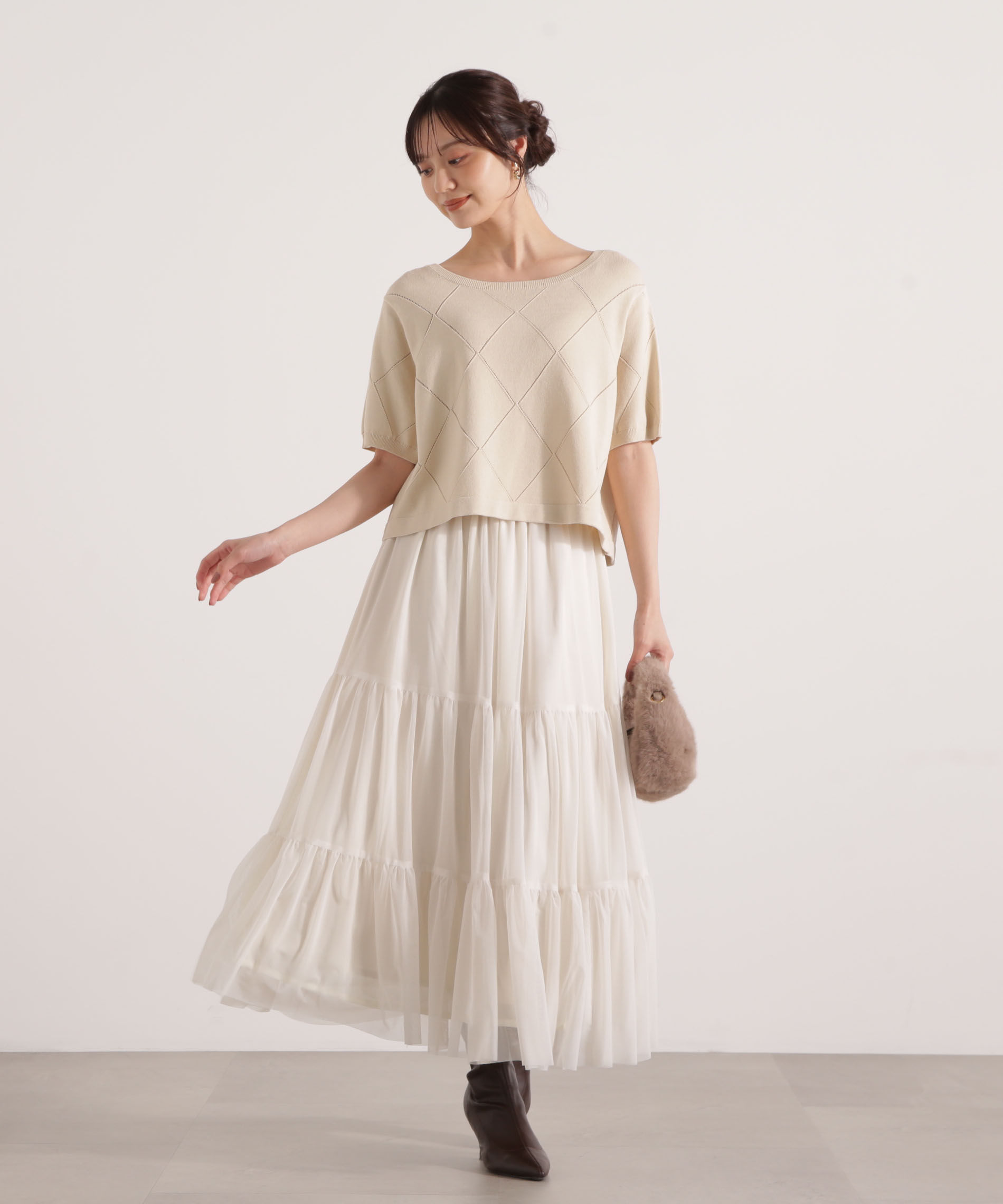 PROPORTION BODY DRESSING「＜ハンドウォッシャブル＞ダイヤ柄半袖ニット 25AW」|ニット・セーター|