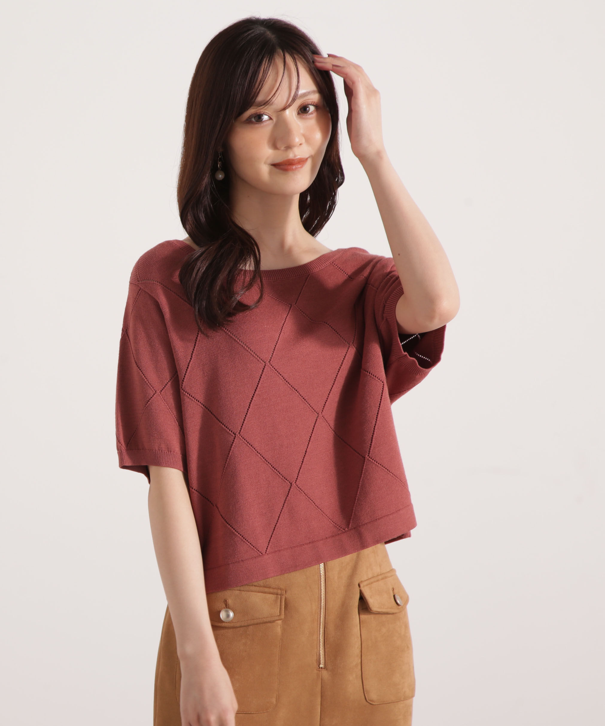 PROPORTION BODY DRESSING「＜ハンドウォッシャブル＞ダイヤ柄半袖ニット 25AW」|ニット・セーター|ブラウン