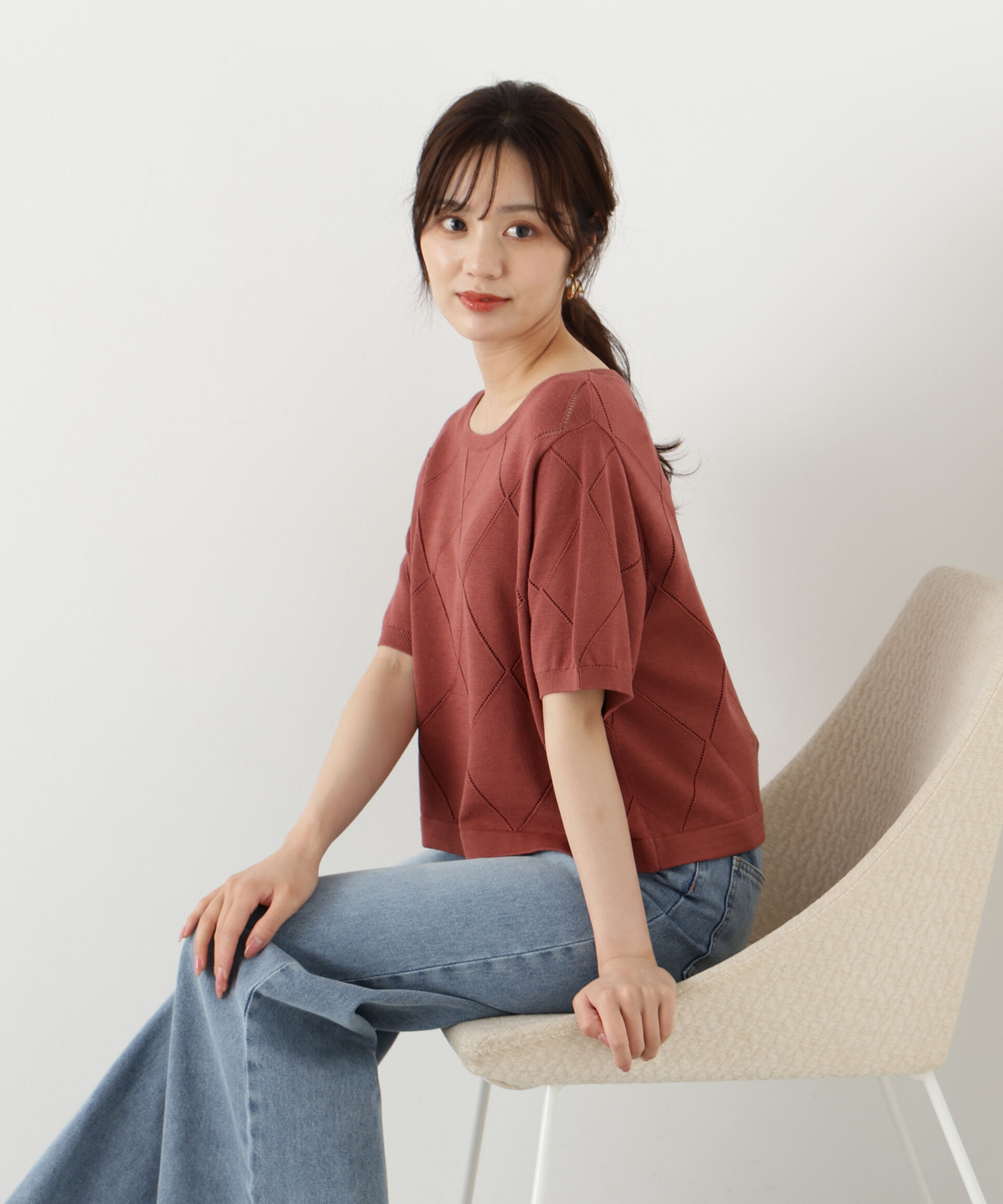 PROPORTION BODY DRESSING「＜ハンドウォッシャブル＞ダイヤ柄半袖ニット 25AW」|ニット・セーター|