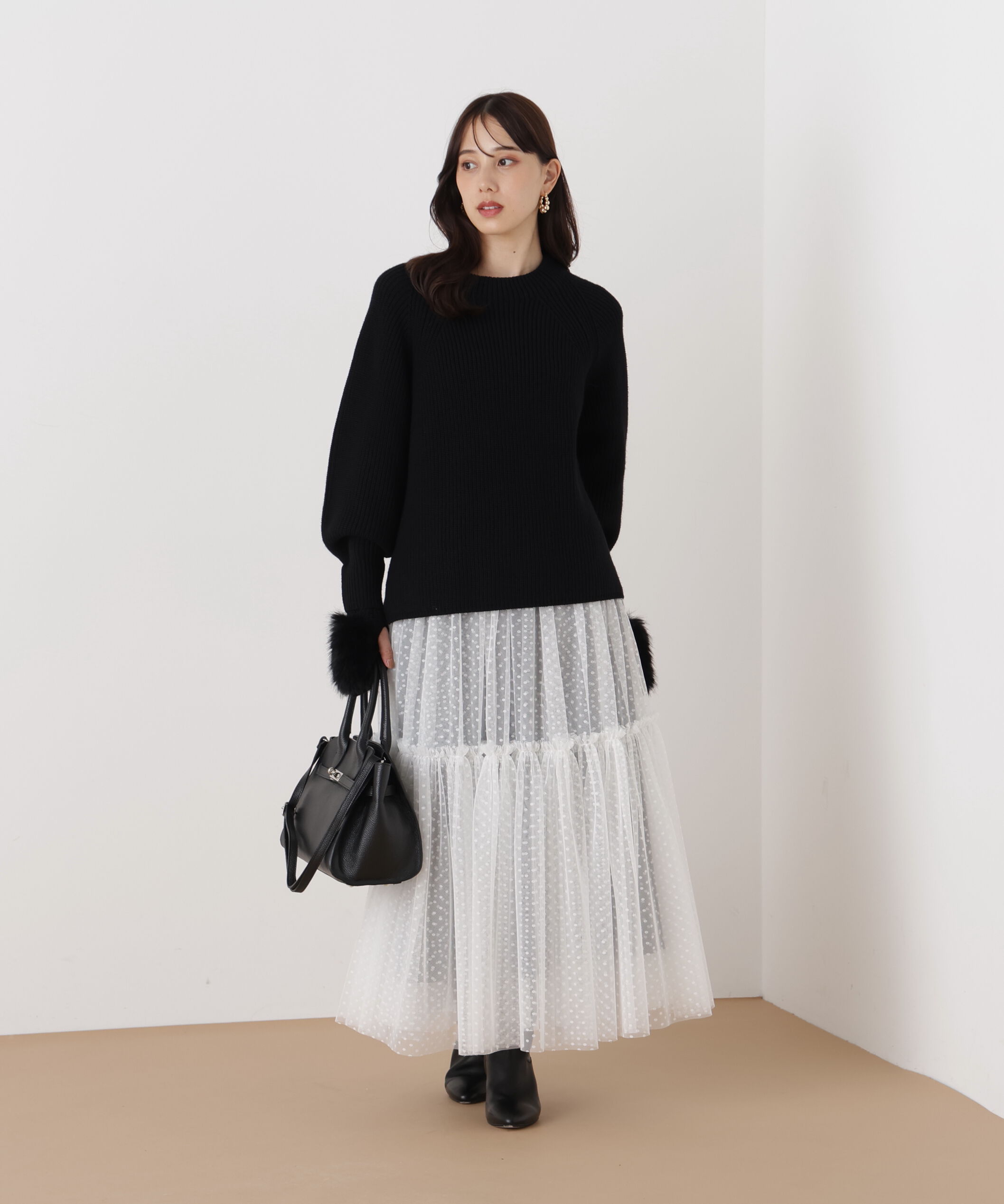  「◆ファーグローブ付き畦ニットプルオーバー」|ニット・セーター|