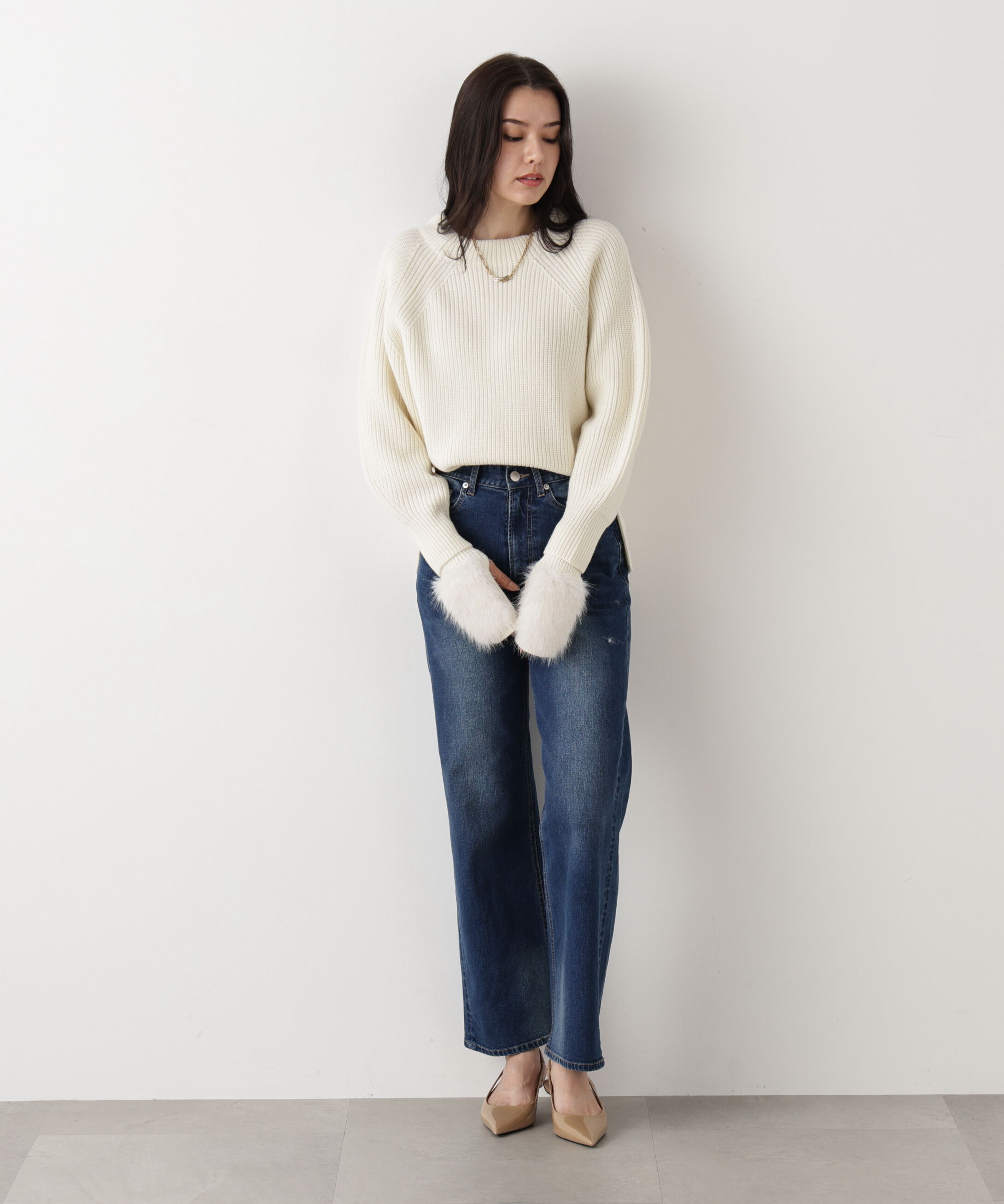  「◆ファーグローブ付き畦ニットプルオーバー」|ニット・セーター|