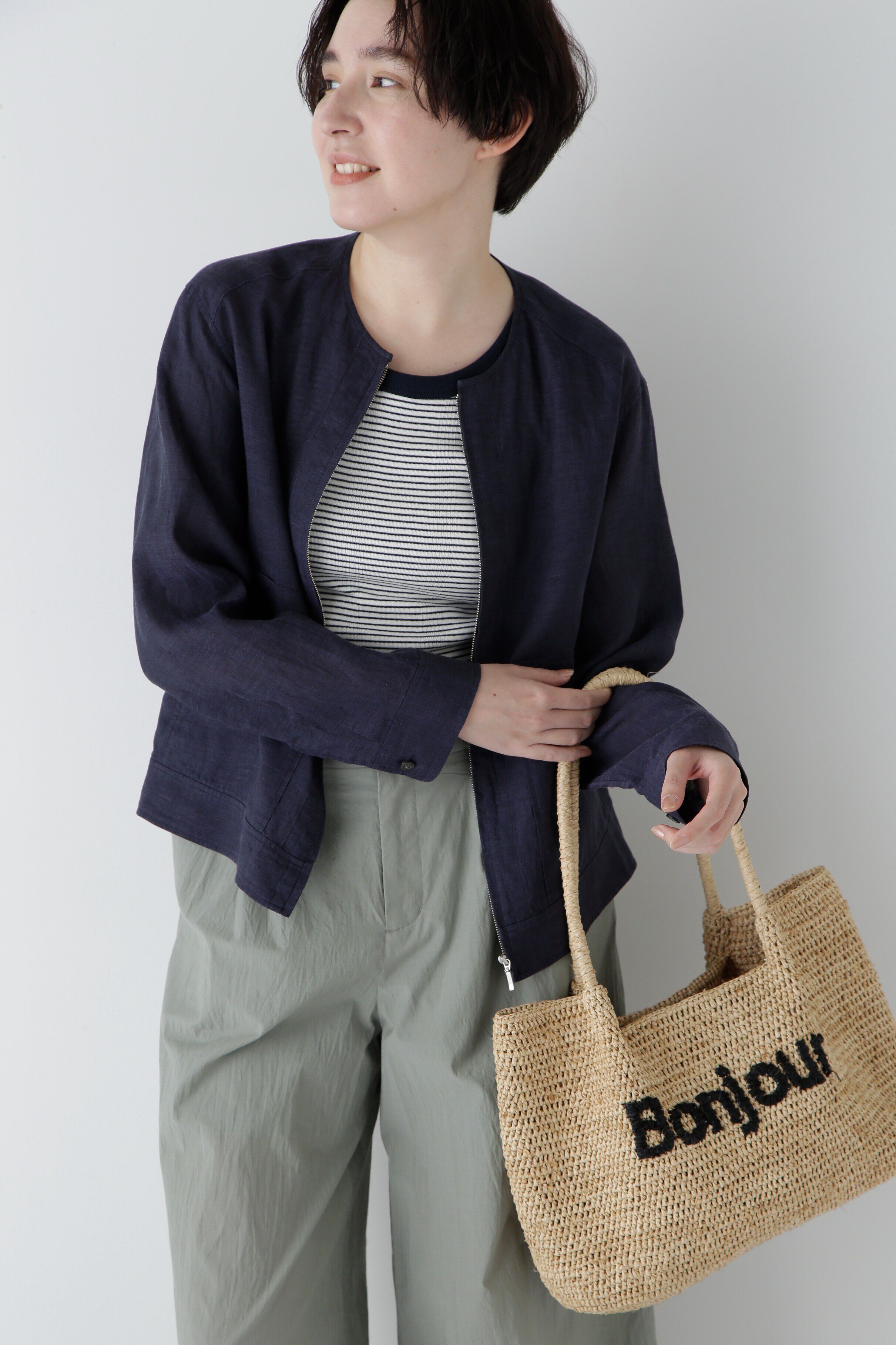  「◆ハードマンリネンノーカラージップブルゾン」|ブルゾン・スタジャン|ネイビー