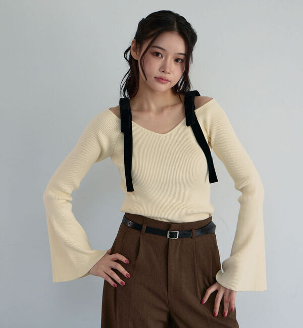 archives「ベロア肩リボンオフショルニットプルオーバー」|ニット・セーター|