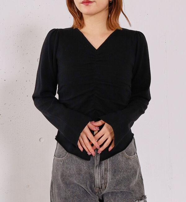 archives「【高機能】フロントギャザーＶネックニットプルオーバー」|ニット・セーター|BLACK