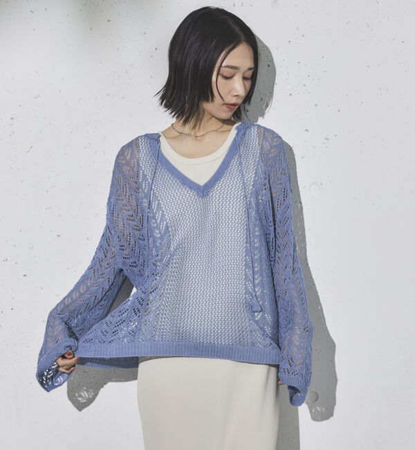 Doux archives「透かし編みキーネックニットプルオーバー」|ニット・セーター|BLUE