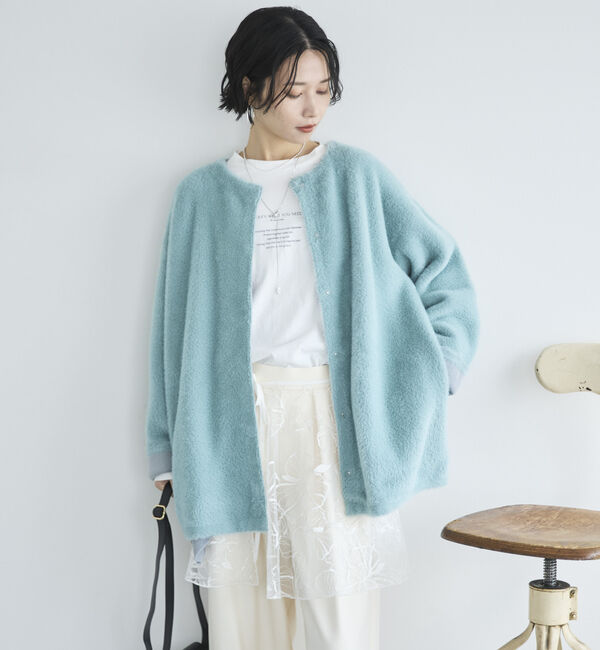 Doux archives「ダブルフェイスノーカラーニットジャケット」|ニット・セーター|MINT GREEN